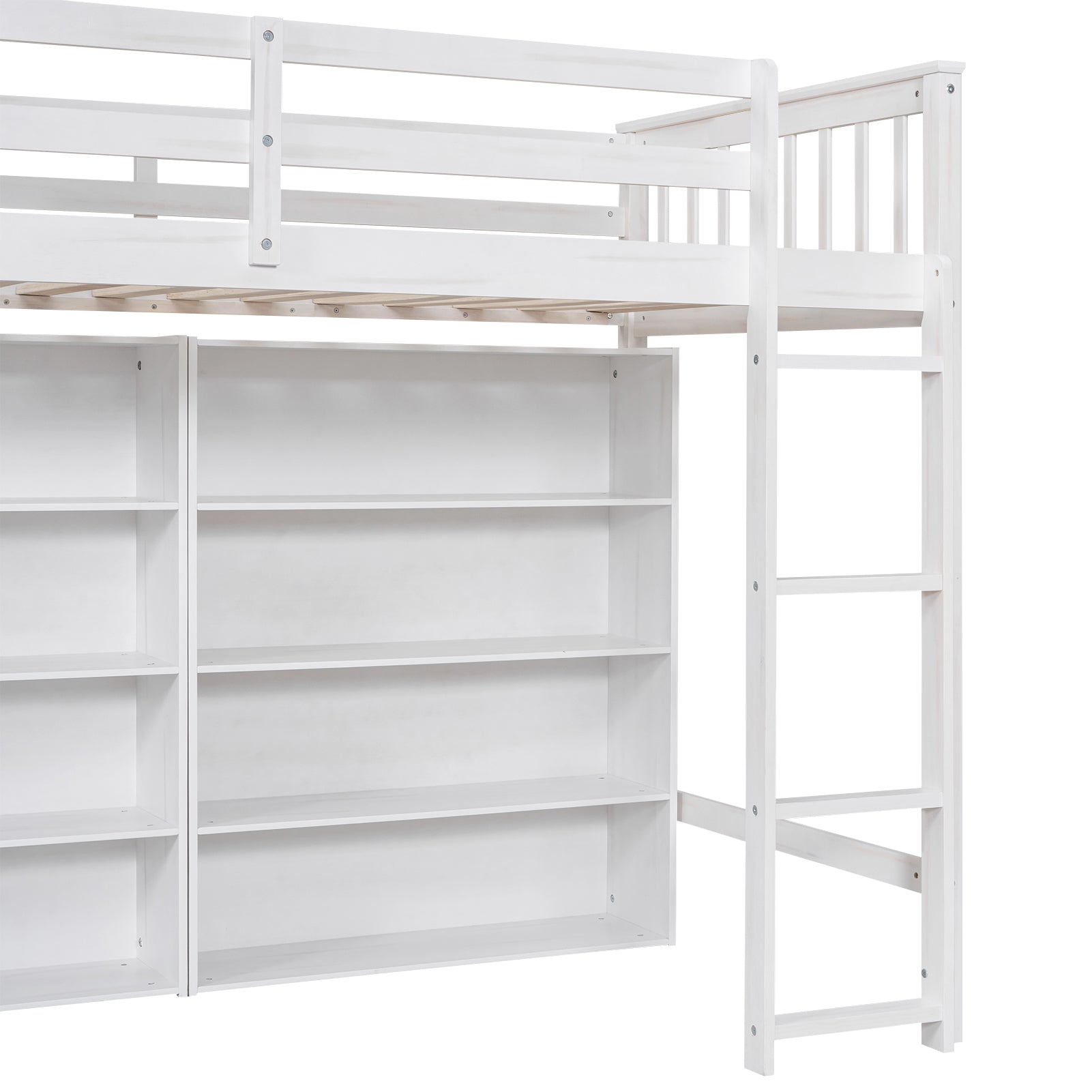 Royard Oaktree Loft Bed with 8 Open Storage Shelves Wood Loft Bed Frame with Built-in Ladder and Safety Guardrails Multi-functional Loft Bed with Bookshelf for Teens Adults