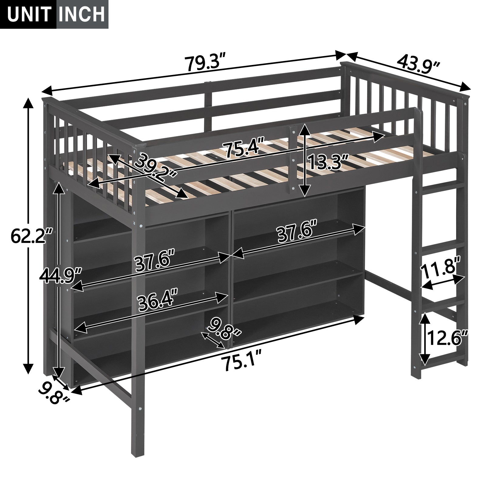 Royard Oaktree Loft Bed with 8 Open Storage Shelves Wood Loft Bed Frame with Built-in Ladder and Safety Guardrails Multi-functional Loft Bed with Bookshelf for Teens Adults