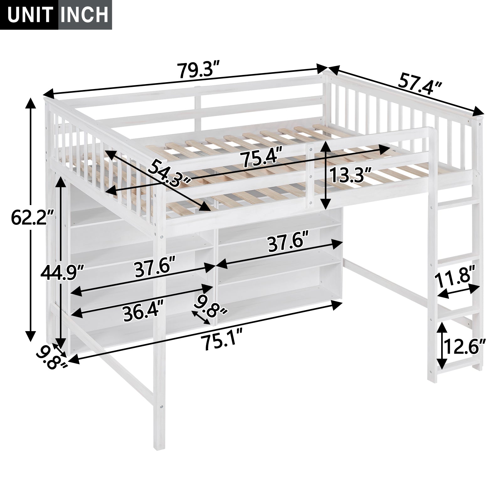 Royard Oaktree Loft Bed with 8 Open Storage Shelves Wood Loft Bed Frame with Built-in Ladder and Safety Guardrails Multi-functional Loft Bed with Bookshelf for Teens Adults