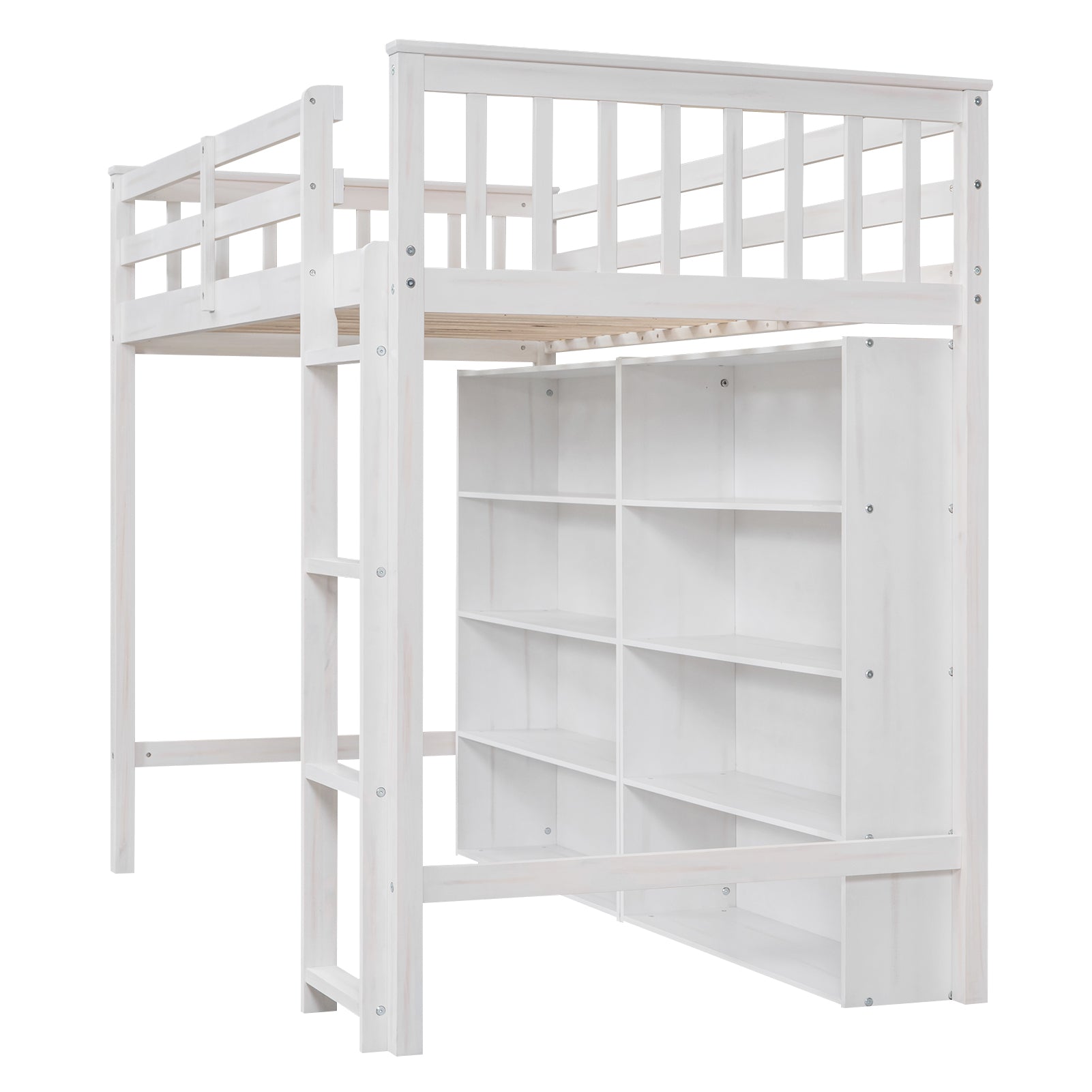 Royard Oaktree Loft Bed with 8 Open Storage Shelves Wood Loft Bed Frame with Built-in Ladder and Safety Guardrails Multi-functional Loft Bed with Bookshelf for Teens Adults