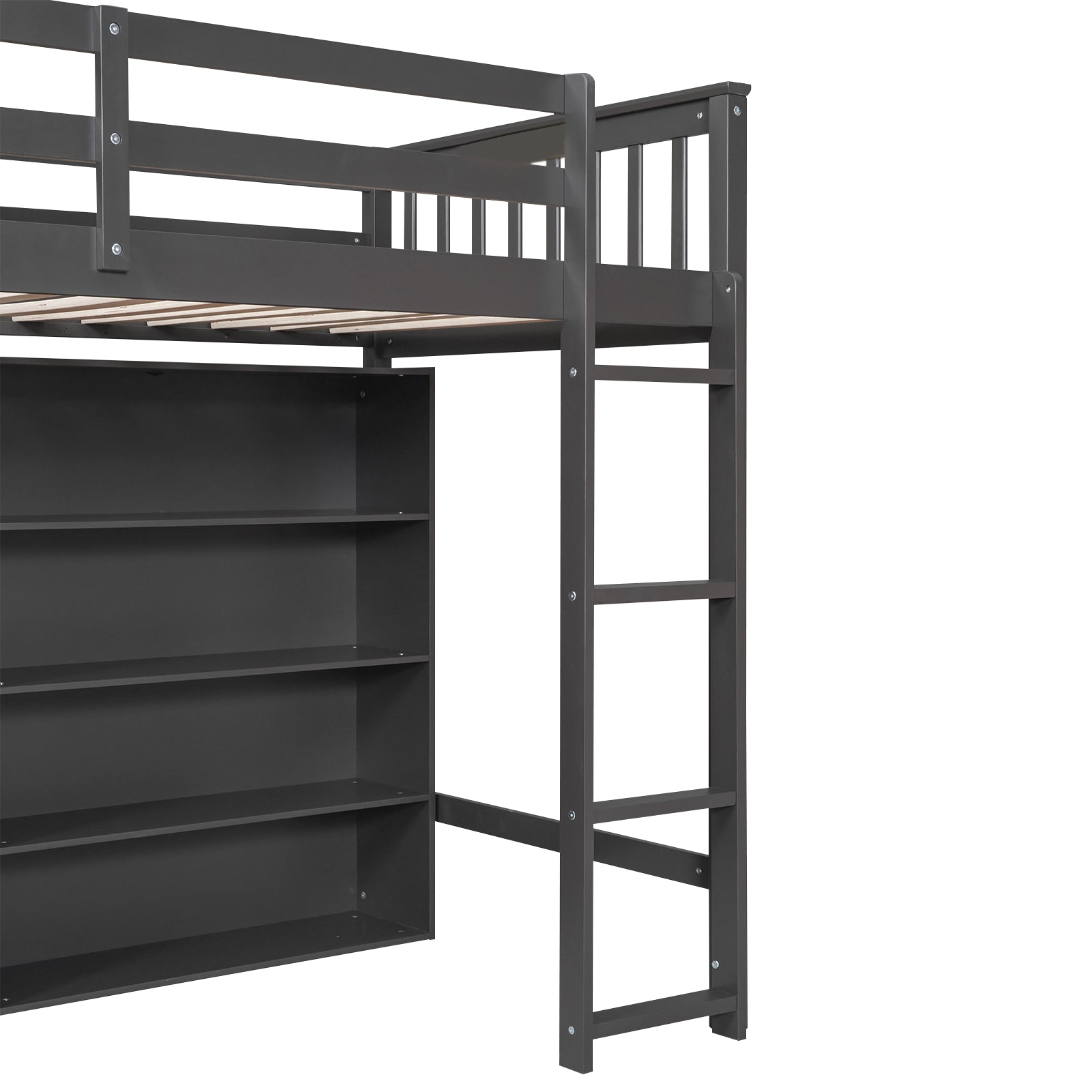 Royard Oaktree Loft Bed with 8 Open Storage Shelves Wood Loft Bed Frame with Built-in Ladder and Safety Guardrails Multi-functional Loft Bed with Bookshelf for Teens Adults