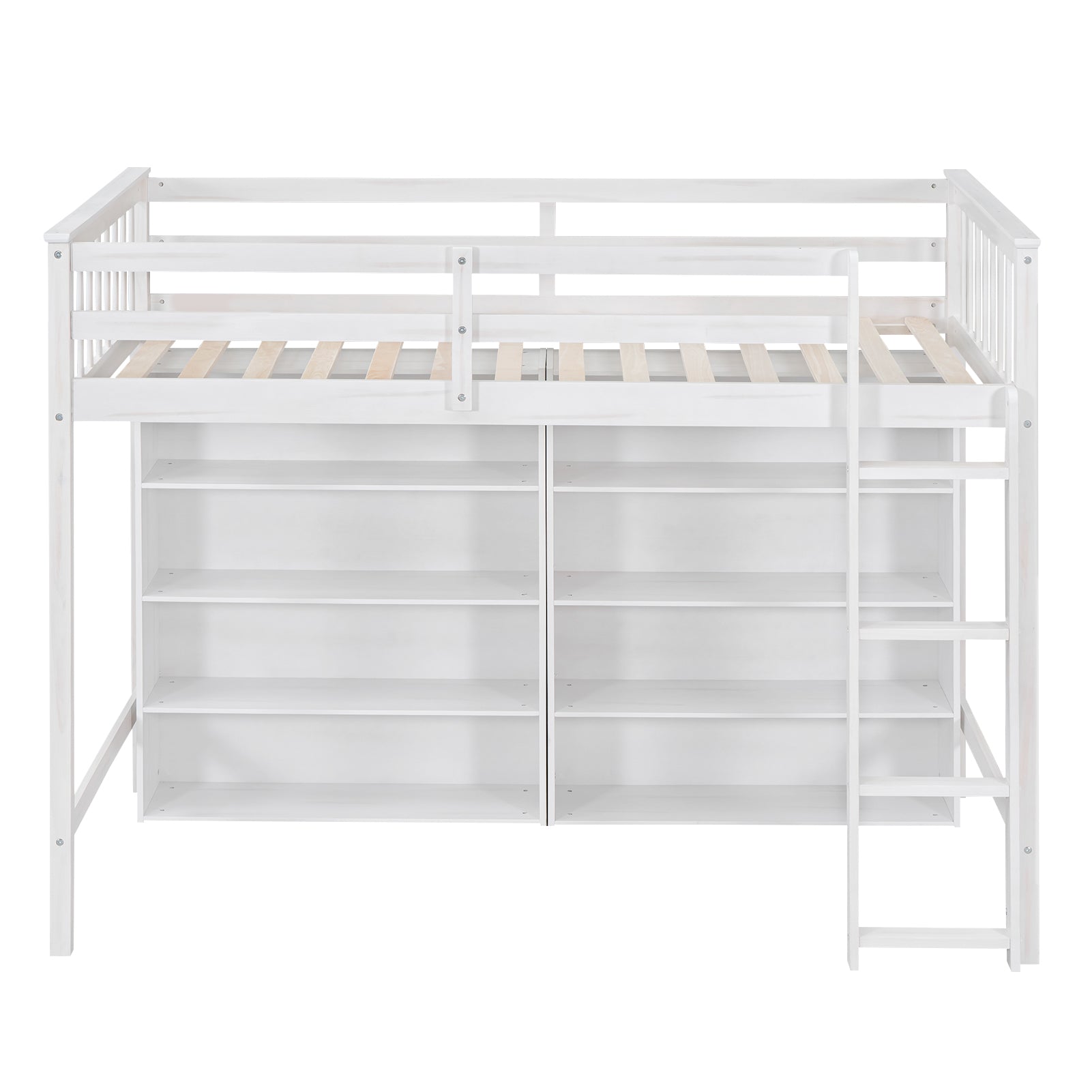 Royard Oaktree Loft Bed with 8 Open Storage Shelves Wood Loft Bed Frame with Built-in Ladder and Safety Guardrails Multi-functional Loft Bed with Bookshelf for Teens Adults