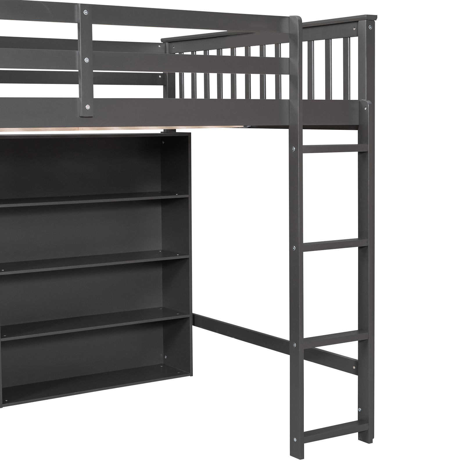 Royard Oaktree Loft Bed with 8 Open Storage Shelves Wood Loft Bed Frame with Built-in Ladder and Safety Guardrails Multi-functional Loft Bed with Bookshelf for Teens Adults