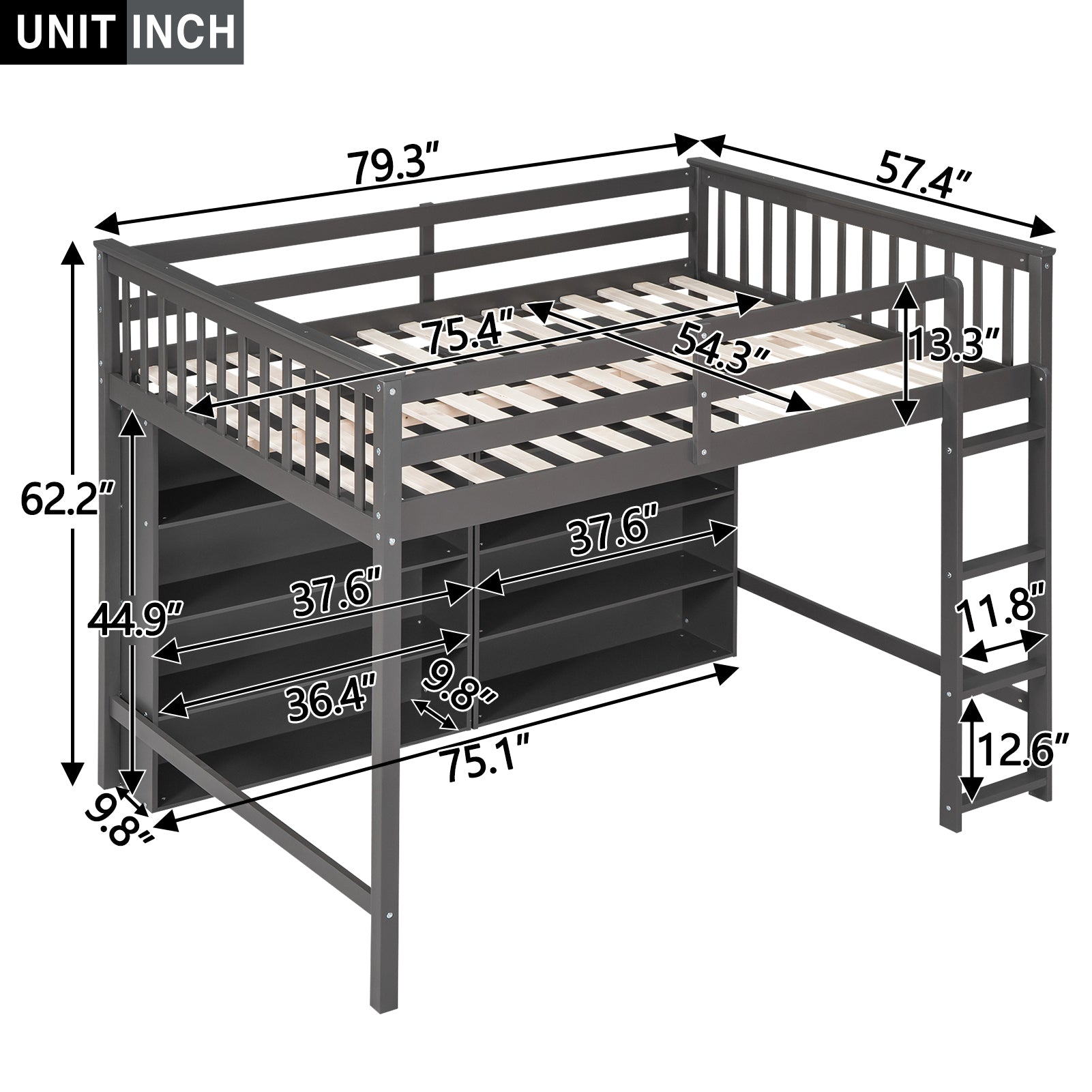 Royard Oaktree Loft Bed with 8 Open Storage Shelves Wood Loft Bed Frame with Built-in Ladder and Safety Guardrails Multi-functional Loft Bed with Bookshelf for Teens Adults