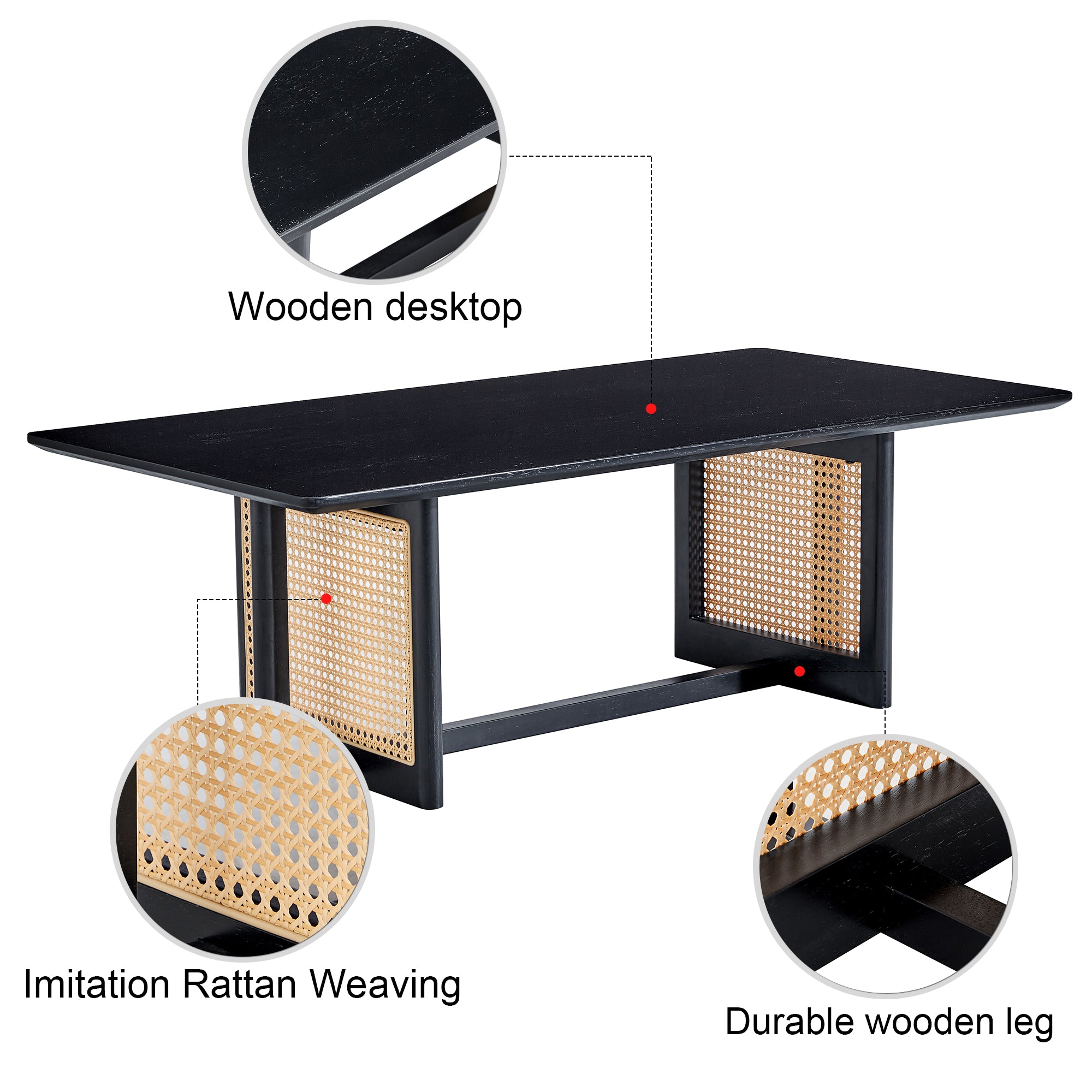 Royard Oaktree Rattan Coffee Table, Boho Rectangular Center Table with Cross Table Legs, Solid Wood Accent Table TeaTable for Living Room Home Office