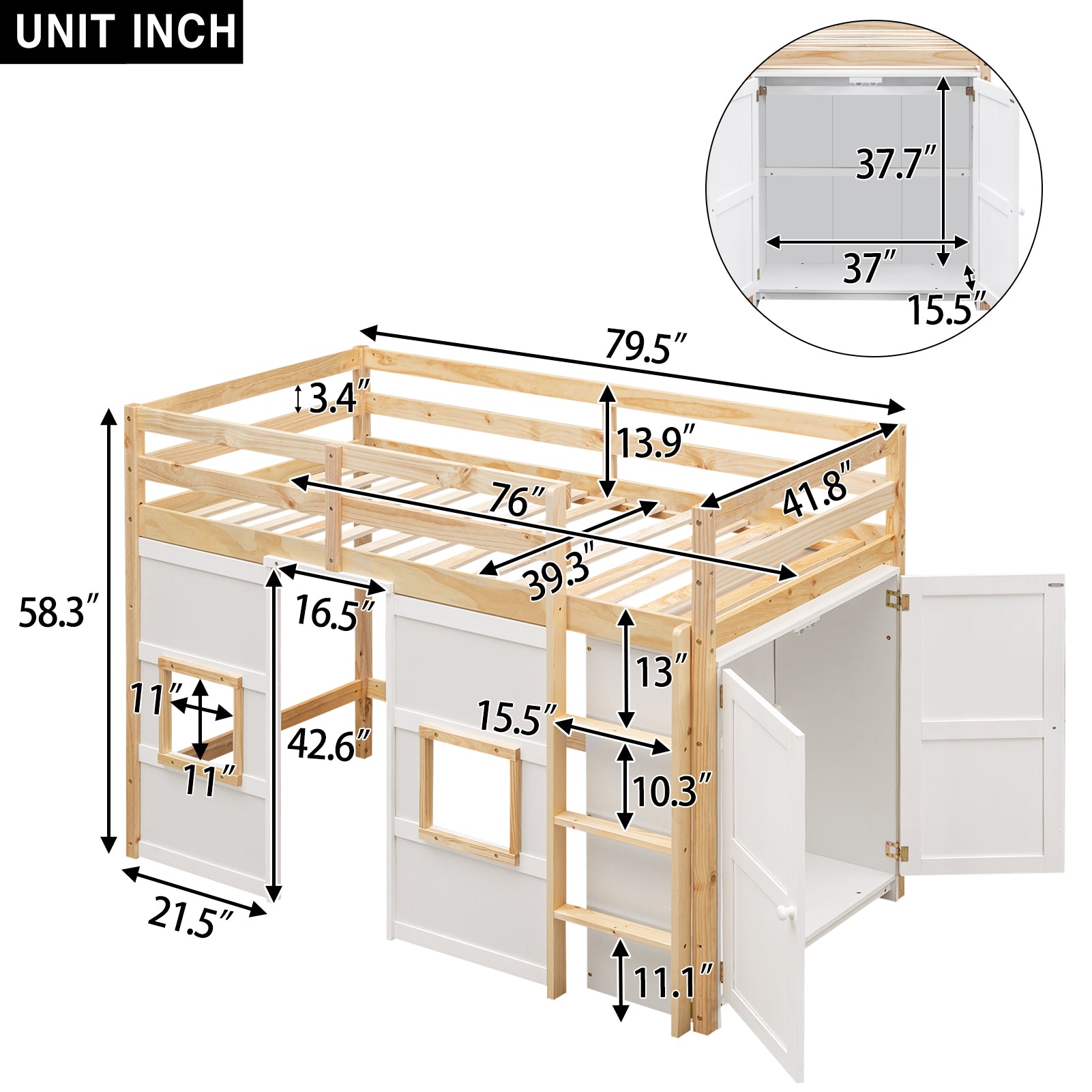 Royard Oaktree Twin Size Loft Bed with House Door and Windows, Wood Loft Bed Frame with Built-in Storage Wardrobe, Multi-functional Loft Bed with Guardrails and Ladder for Kids Teens