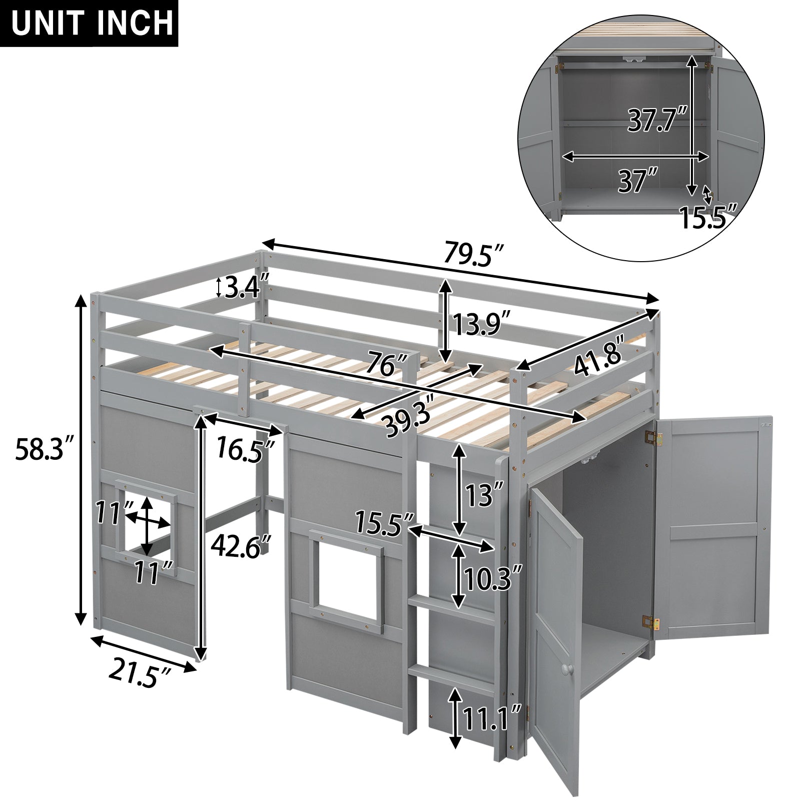 Royard Oaktree Twin Size Loft Bed with House Door and Windows, Wood Loft Bed Frame with Built-in Storage Wardrobe, Multi-functional Loft Bed with Guardrails and Ladder for Kids Teens