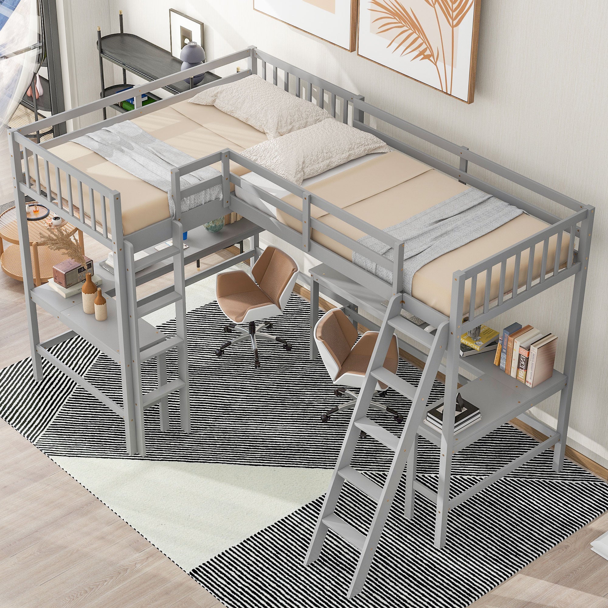 Royard Oaktree Twin Size L-Shaped Loft Beds with Guardrails and Ladders, Multi-functional Loft Bed with 2 Built-in L-shaped Desks, Wood Loft Bed Frame with Slats for Kids Teens