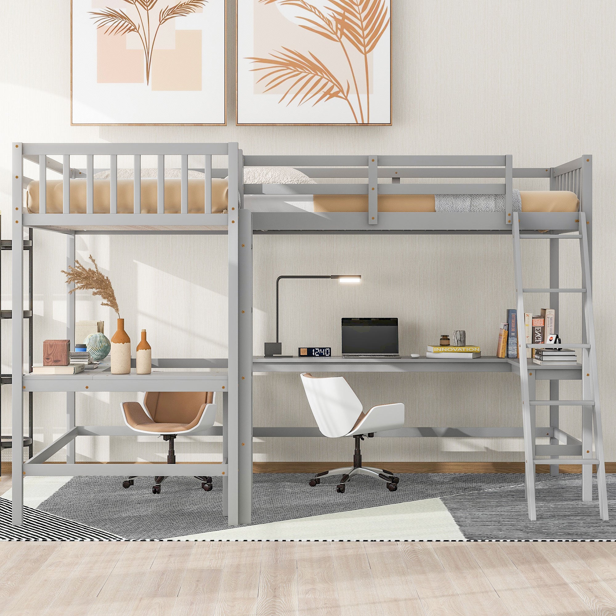 Royard Oaktree Twin Size L-Shaped Loft Beds with Guardrails and Ladders, Multi-functional Loft Bed with 2 Built-in L-shaped Desks, Wood Loft Bed Frame with Slats for Kids Teens