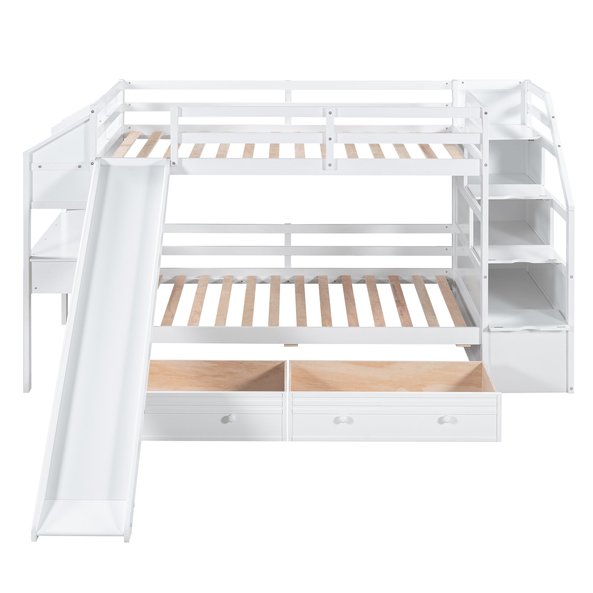 Royard Oaktree Twin over Twin Bunk Bed with Desk and Drawers, Multi-functional Bed Frame with Storage Staircase and Book Shelves, Wood Bunk Bed Frame with Slide and Guardrails for Kids Teens