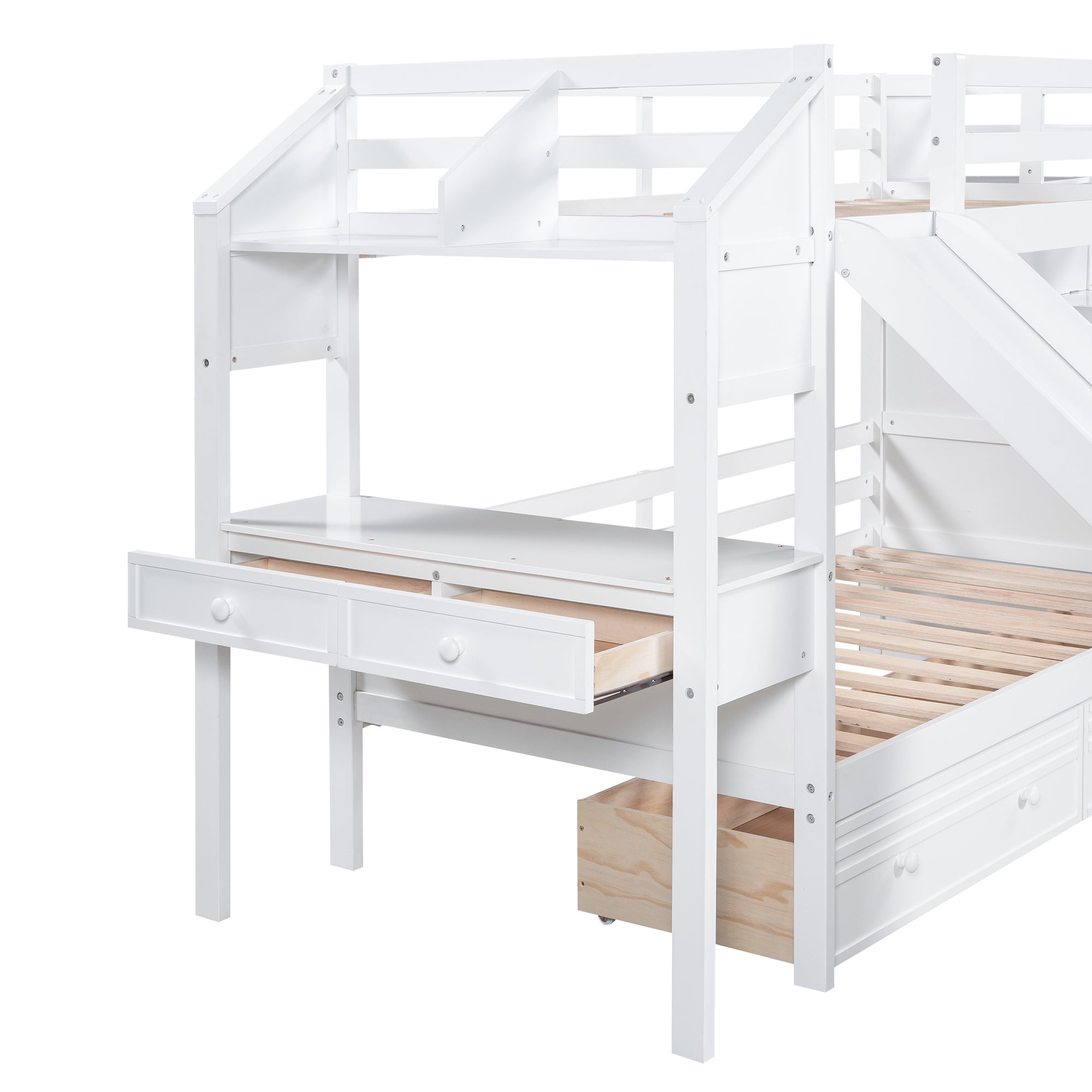 Royard Oaktree Twin over Twin Bunk Bed with Desk and Drawers, Multi-functional Bed Frame with Storage Staircase and Book Shelves, Wood Bunk Bed Frame with Slide and Guardrails for Kids Teens