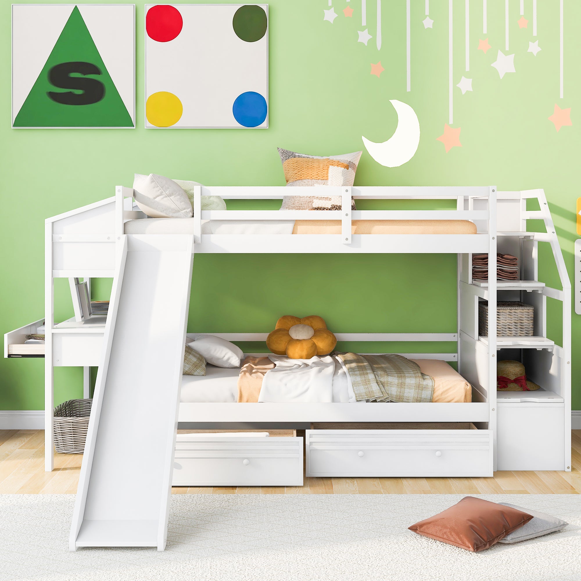 Royard Oaktree Twin over Twin Bunk Bed with Desk and Drawers, Multi-functional Bed Frame with Storage Staircase and Book Shelves, Wood Bunk Bed Frame with Slide and Guardrails for Kids Teens