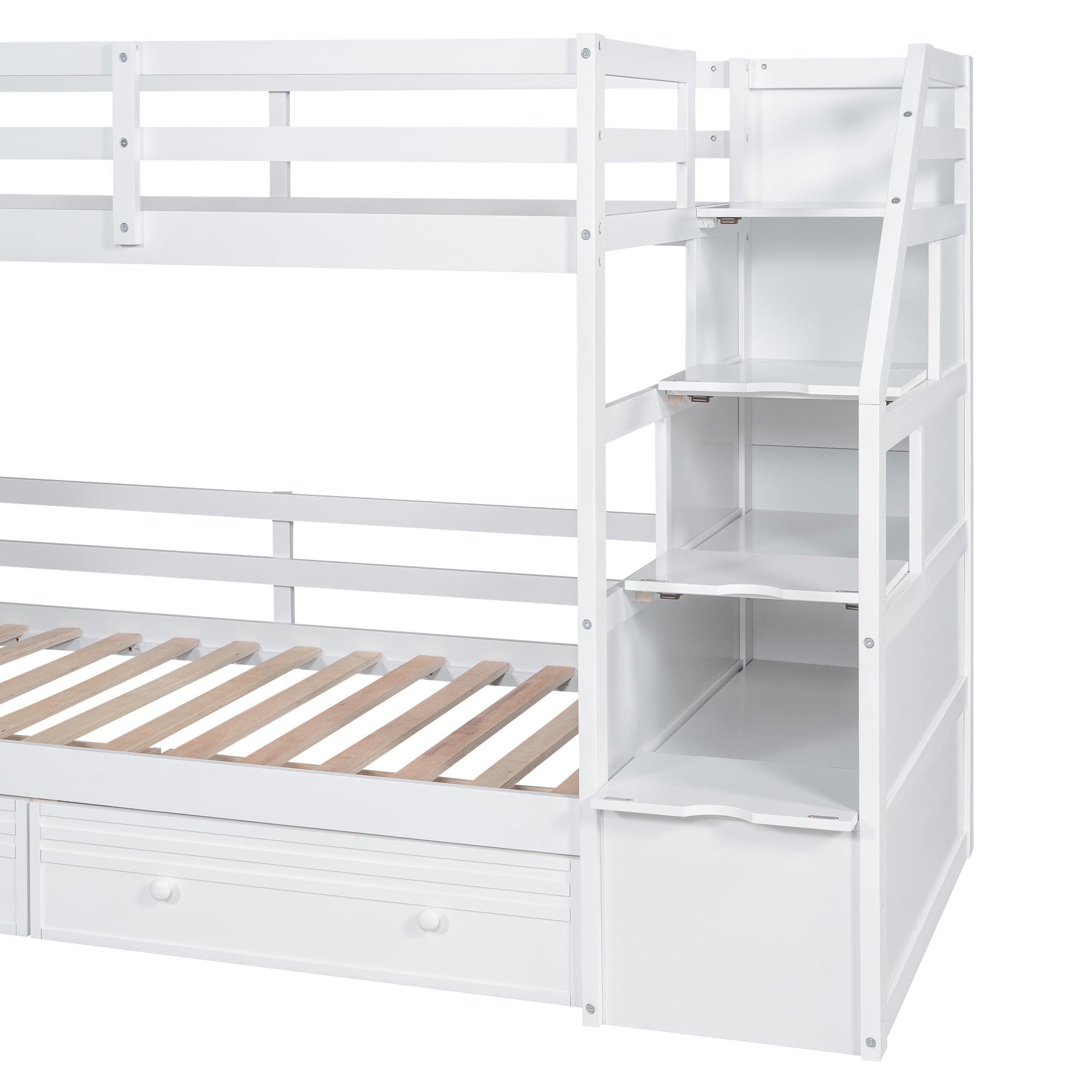 Royard Oaktree Twin over Twin Bunk Bed with Desk and Drawers, Multi-functional Bed Frame with Storage Staircase and Book Shelves, Wood Bunk Bed Frame with Slide and Guardrails for Kids Teens