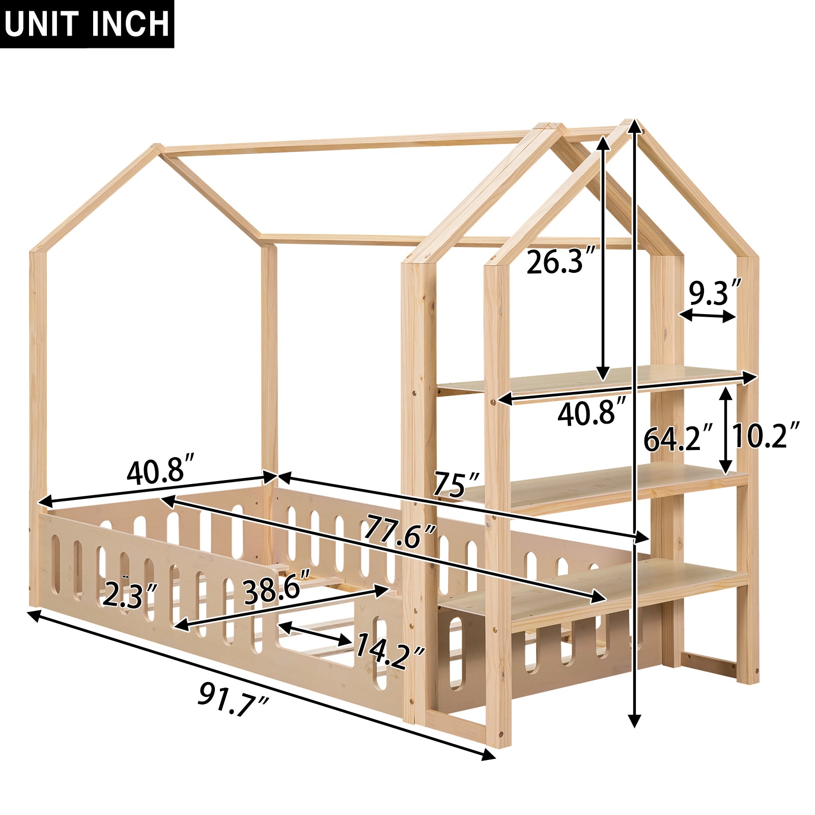 Royard Oaktree House Bed with Roof and Fence, Montessori Wood Floor Bed with Detachable Storage Shelves, Modern House Floor Bed Frame with Slats for Girls & Boys