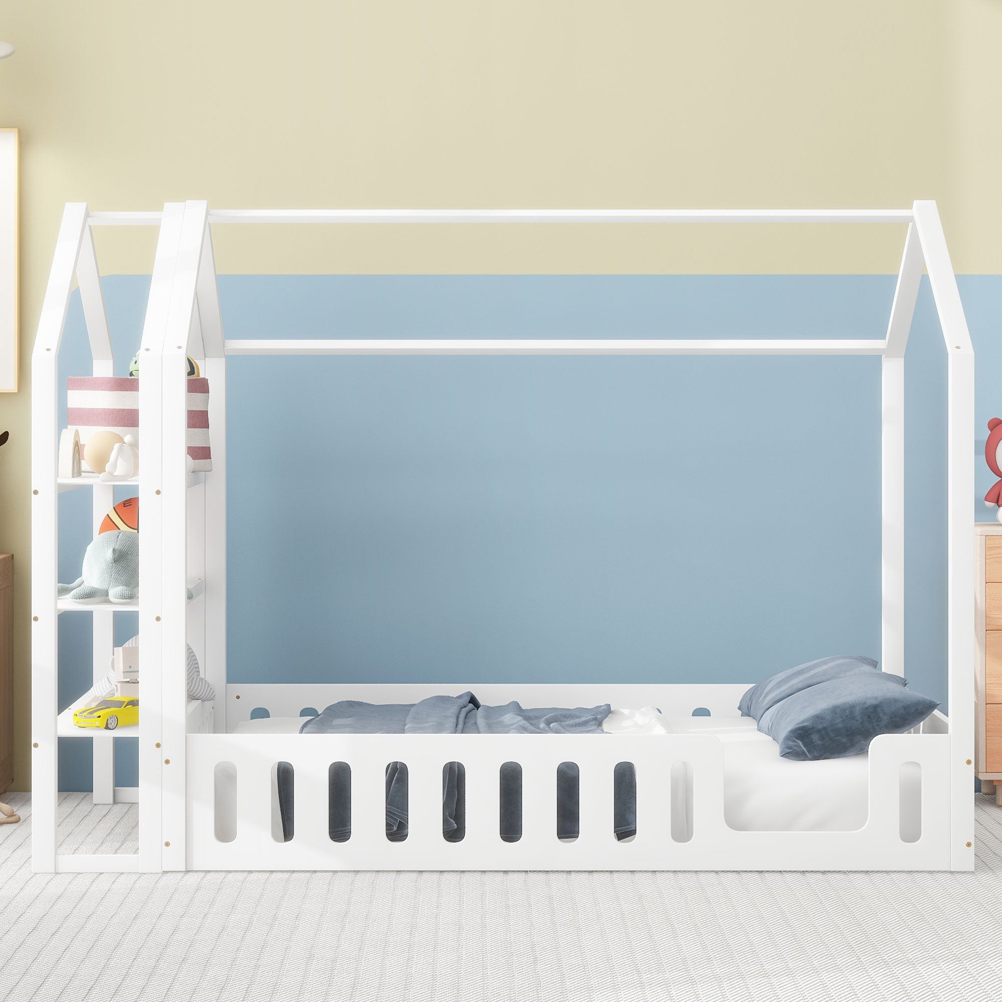 Royard Oaktree House Bed with Roof and Fence, Montessori Wood Floor Bed with Detachable Storage Shelves, Modern House Floor Bed Frame with Slats for Girls & Boys