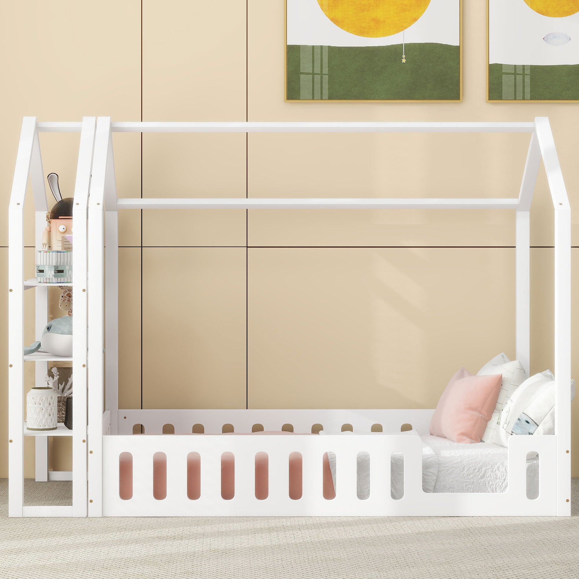 Royard Oaktree House Bed with Roof and Fence, Montessori Wood Floor Bed with Detachable Storage Shelves, Modern House Floor Bed Frame with Slats for Girls & Boys