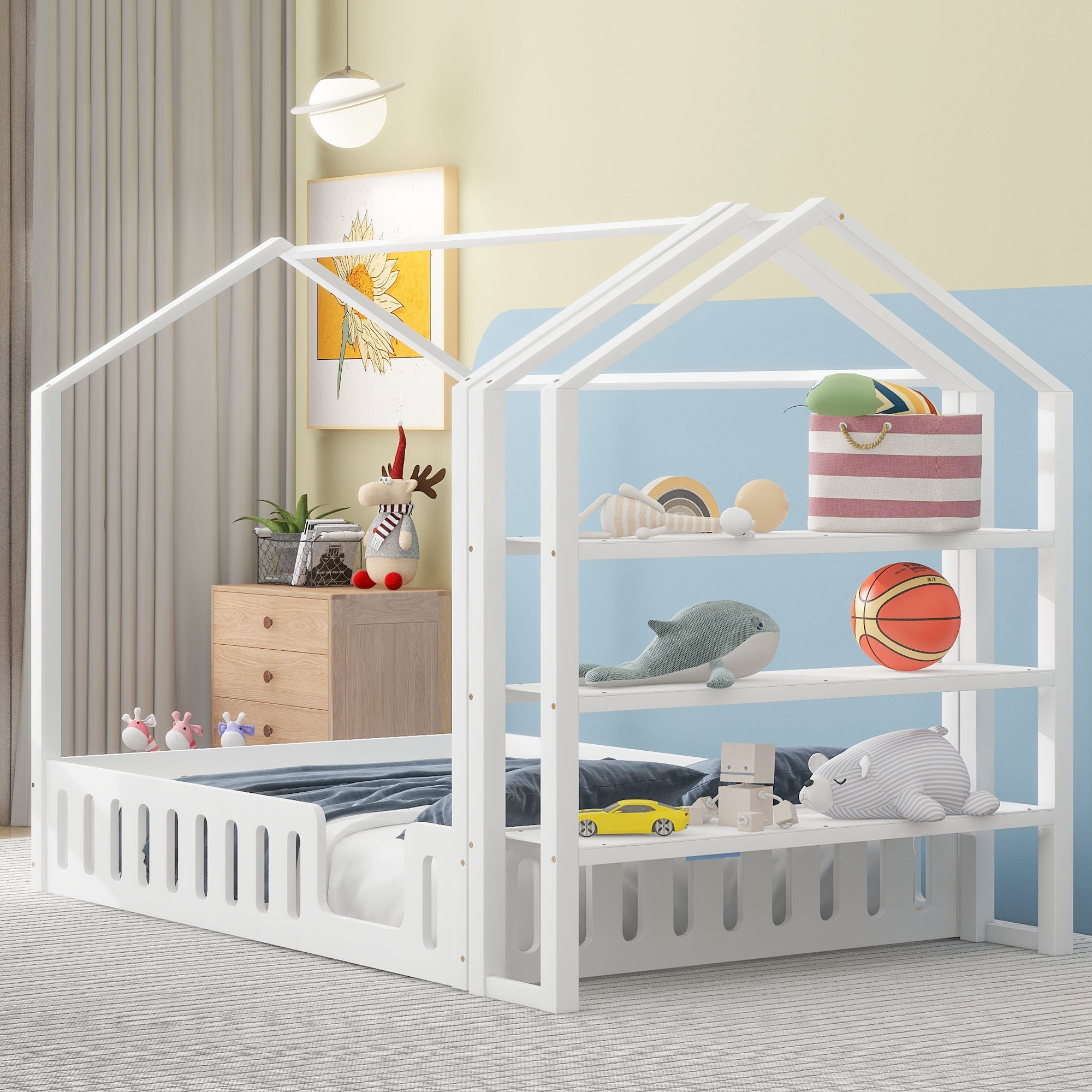 Royard Oaktree House Bed with Roof and Fence, Montessori Wood Floor Bed with Detachable Storage Shelves, Modern House Floor Bed Frame with Slats for Girls & Boys