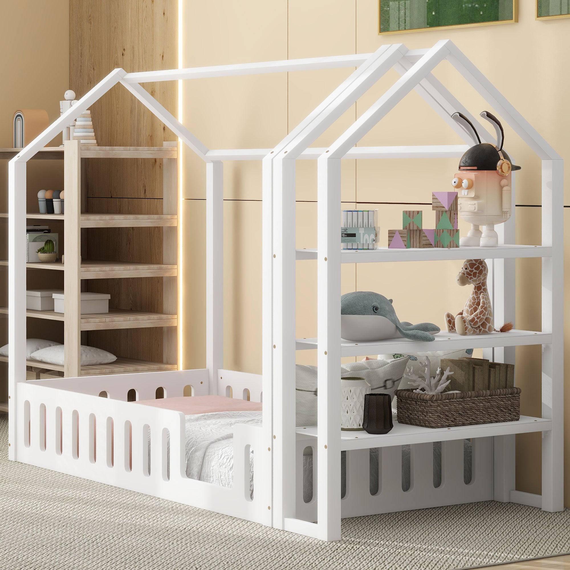 Royard Oaktree House Bed with Roof and Fence, Montessori Wood Floor Bed with Detachable Storage Shelves, Modern House Floor Bed Frame with Slats for Girls & Boys