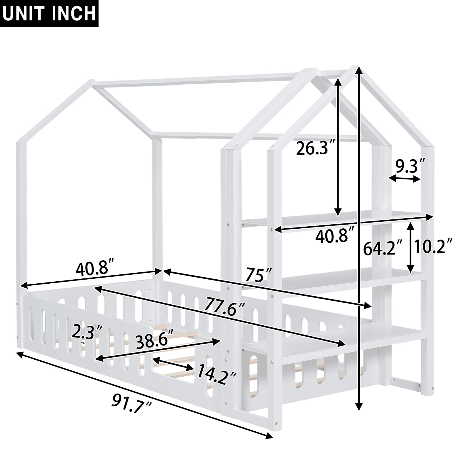 Royard Oaktree House Bed with Roof and Fence, Montessori Wood Floor Bed with Detachable Storage Shelves, Modern House Floor Bed Frame with Slats for Girls & Boys