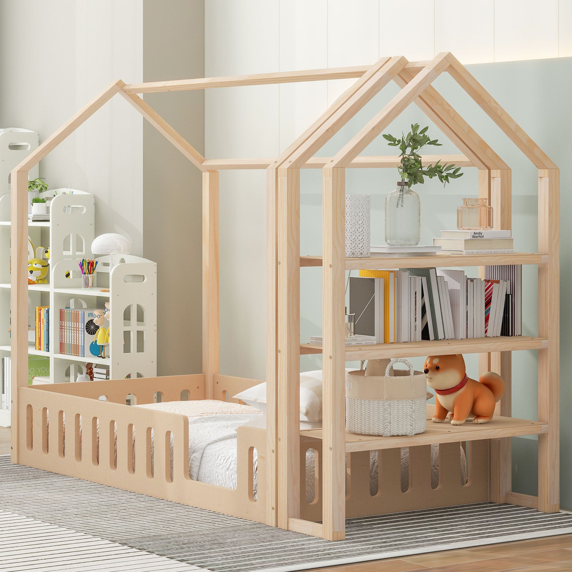 Royard Oaktree House Bed with Roof and Fence, Montessori Wood Floor Bed with Detachable Storage Shelves, Modern House Floor Bed Frame with Slats for Girls & Boys