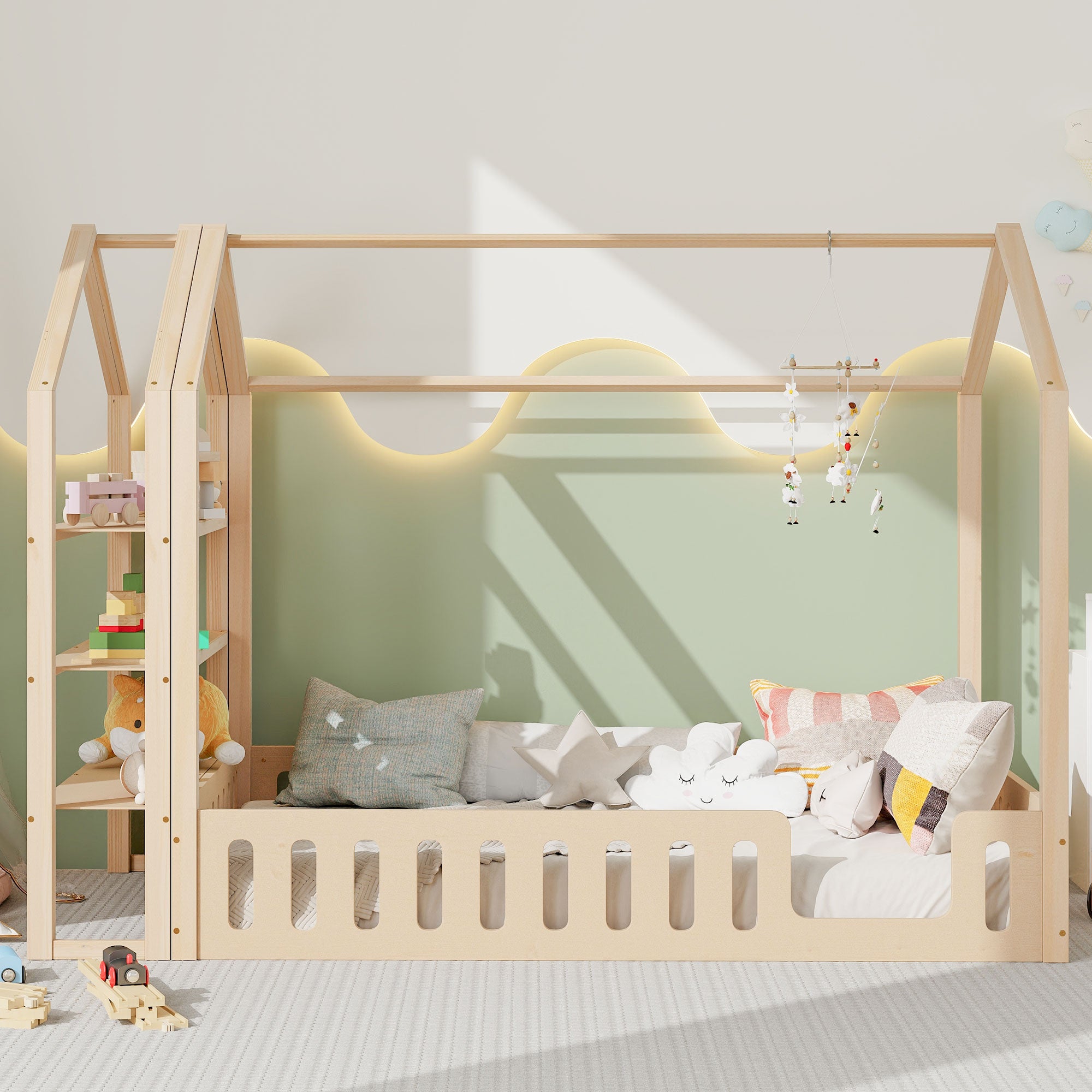 Royard Oaktree House Bed with Roof and Fence, Montessori Wood Floor Bed with Detachable Storage Shelves, Modern House Floor Bed Frame with Slats for Girls & Boys