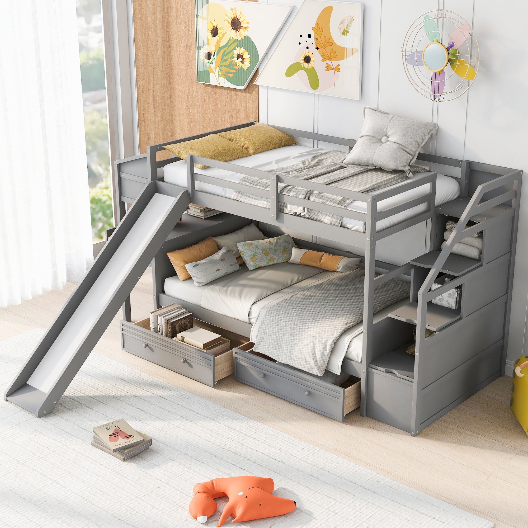 Royard Oaktree Twin over Twin Bunk Bed with Desk and Drawers, Multi-functional Bed Frame with Storage Staircase and Book Shelves, Wood Bunk Bed Frame with Slide and Guardrails for Kids Teens