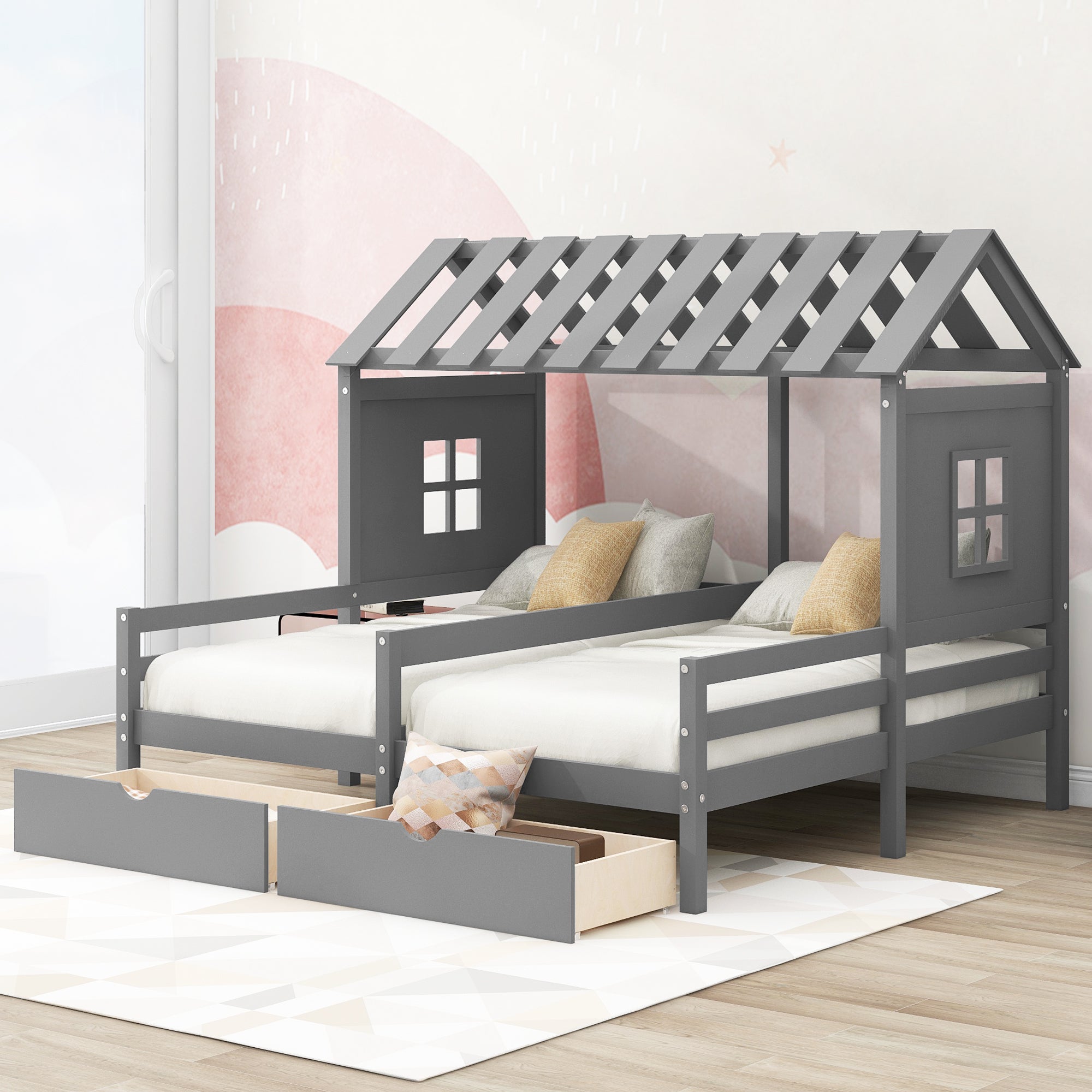 Royard Oaktree Double Shared Bed with Two Drawers, Twin Size House Platform Beds with Roof and Window for Two Kids, Wood House Shared Beds Frame with Guardrails for Boys Girls Teens