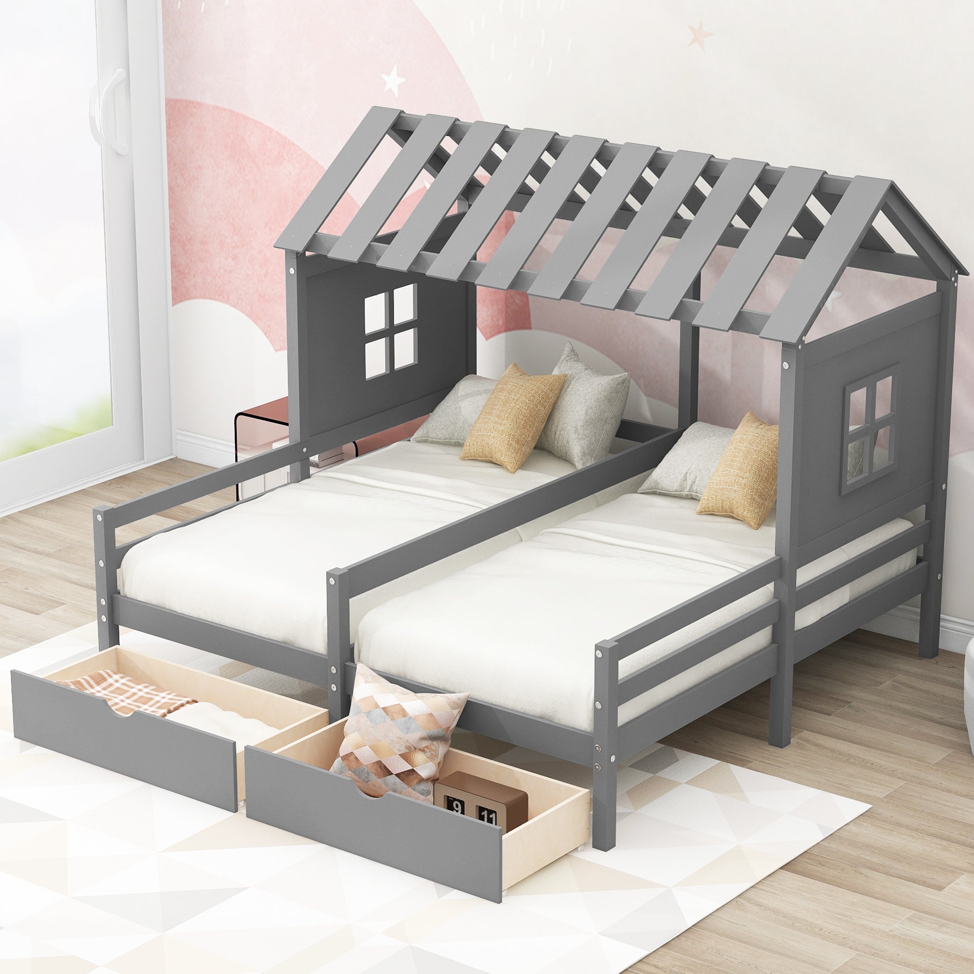 Royard Oaktree Double Shared Bed with Two Drawers, Twin Size House Platform Beds with Roof and Window for Two Kids, Wood House Shared Beds Frame with Guardrails for Boys Girls Teens