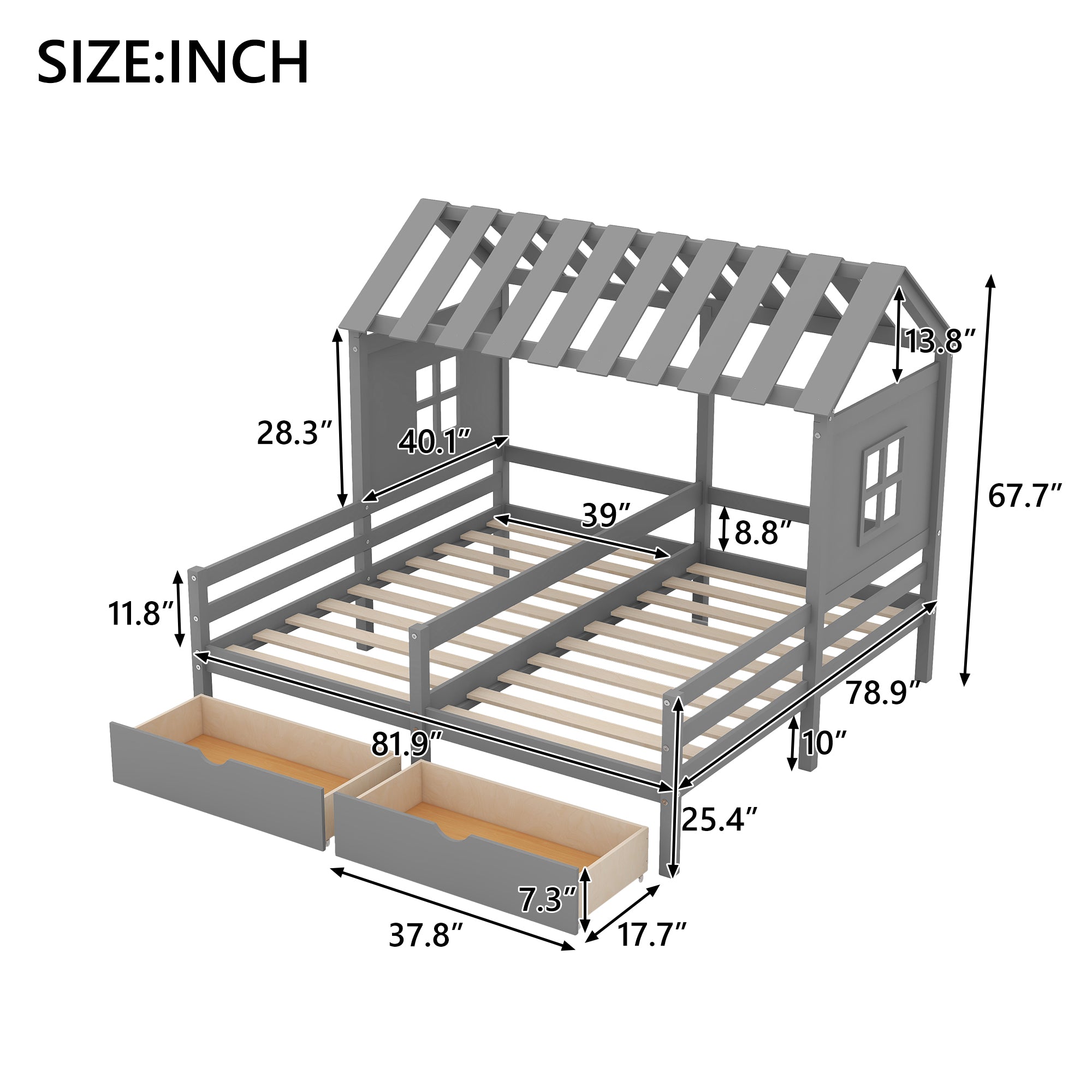 Royard Oaktree Double Shared Bed with Two Drawers, Twin Size House Platform Beds with Roof and Window for Two Kids, Wood House Shared Beds Frame with Guardrails for Boys Girls Teens