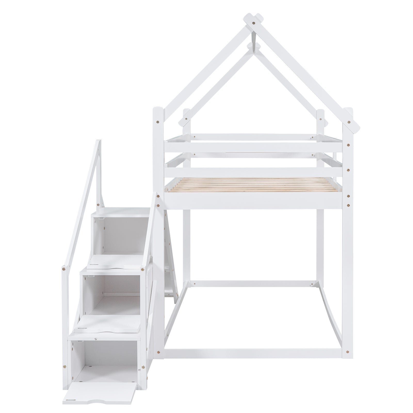 Royard Oaktree Twin over Twin Bunk Bed with Slide and Storage Staircase, Modern House Bunk Bed Frame with Roof and Floor Bed, Wood Loft Bed with Safety Guardrails