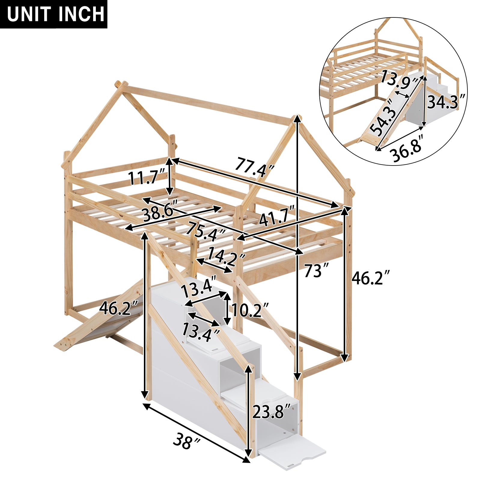 Royard Oaktree Twin over Twin Bunk Bed with Slide and Storage Staircase, Modern House Bunk Bed Frame with Roof and Floor Bed, Wood Loft Bed with Safety Guardrails