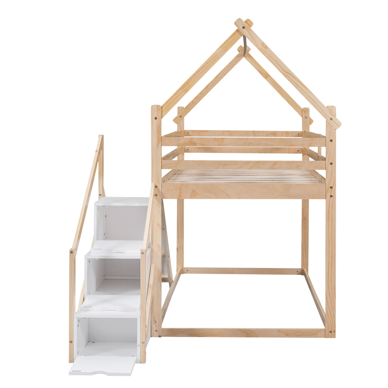 Royard Oaktree Twin over Twin Bunk Bed with Slide and Storage Staircase, Modern House Bunk Bed Frame with Roof and Floor Bed, Wood Loft Bed with Safety Guardrails