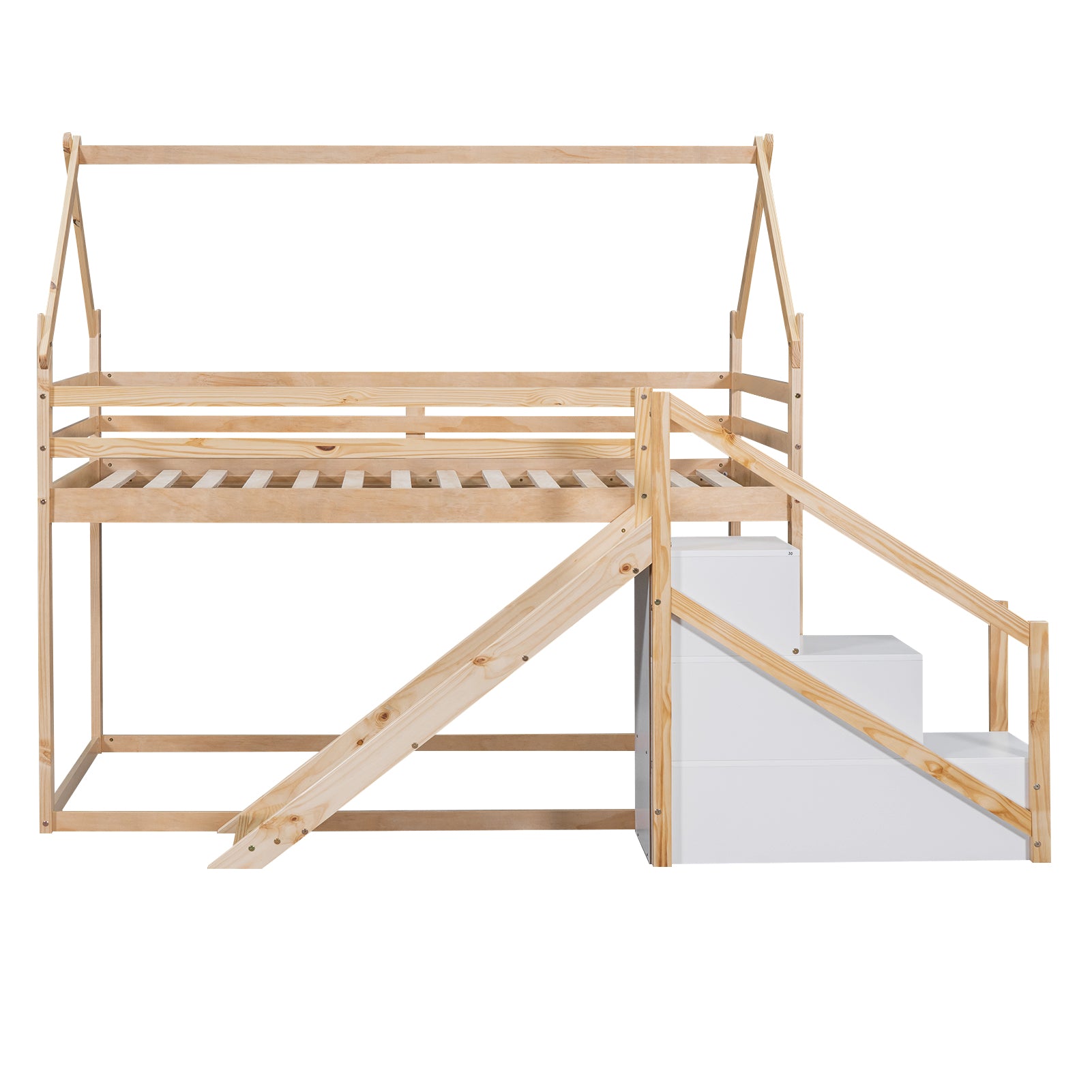 Royard Oaktree Twin over Twin Bunk Bed with Slide and Storage Staircase, Modern House Bunk Bed Frame with Roof and Floor Bed, Wood Loft Bed with Safety Guardrails