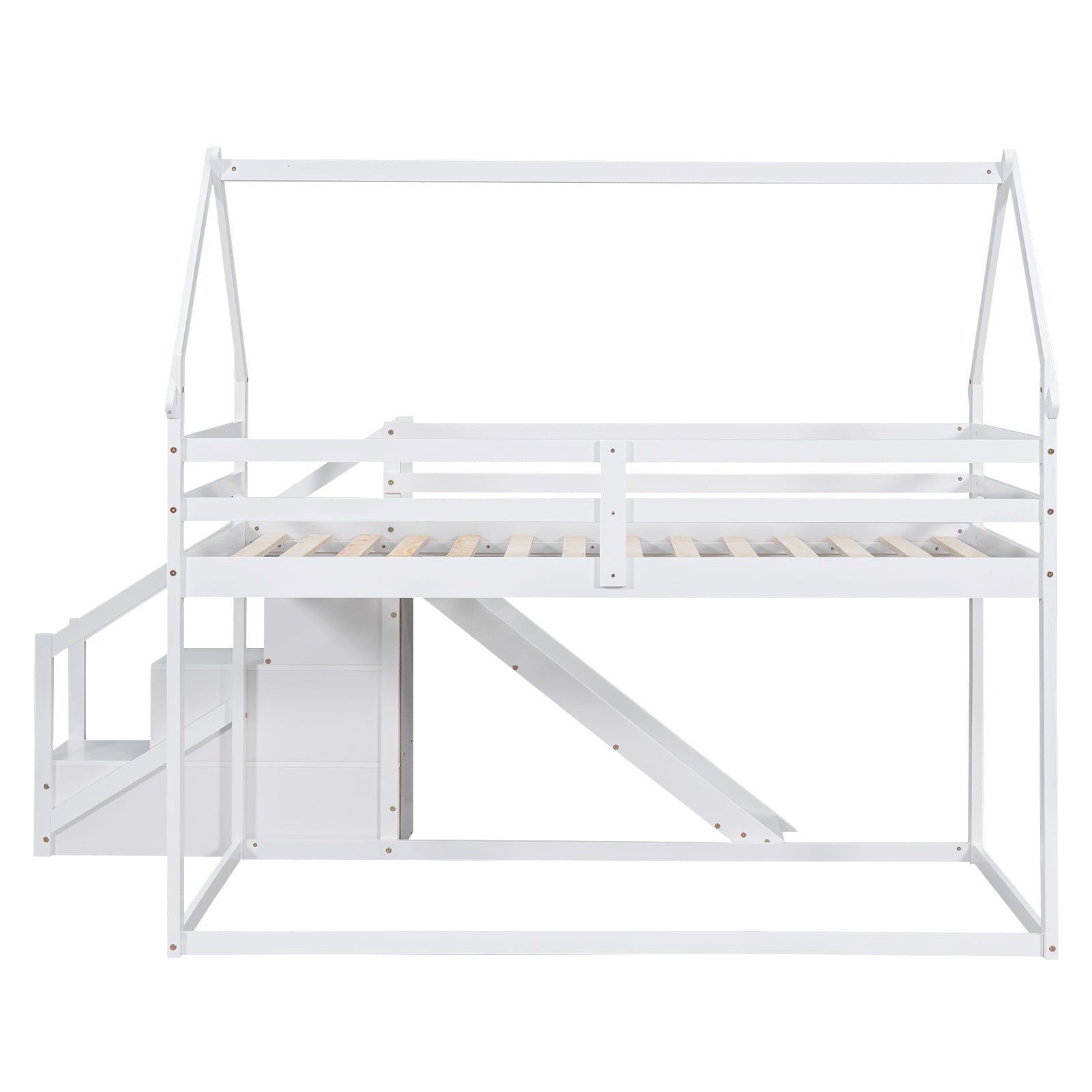 Royard Oaktree Twin over Twin Bunk Bed with Slide and Storage Staircase, Modern House Bunk Bed Frame with Roof and Floor Bed, Wood Loft Bed with Safety Guardrails