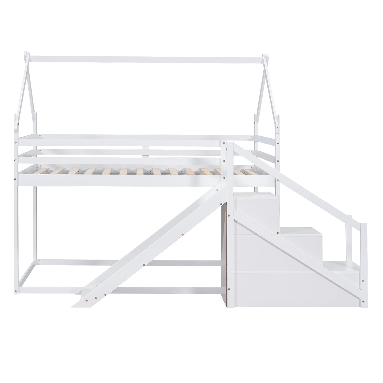 Royard Oaktree Twin over Twin Bunk Bed with Slide and Storage Staircase, Modern House Bunk Bed Frame with Roof and Floor Bed, Wood Loft Bed with Safety Guardrails