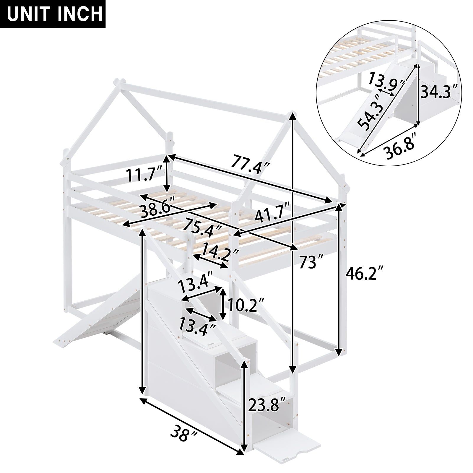 Royard Oaktree Twin over Twin Bunk Bed with Slide and Storage Staircase, Modern House Bunk Bed Frame with Roof and Floor Bed, Wood Loft Bed with Safety Guardrails