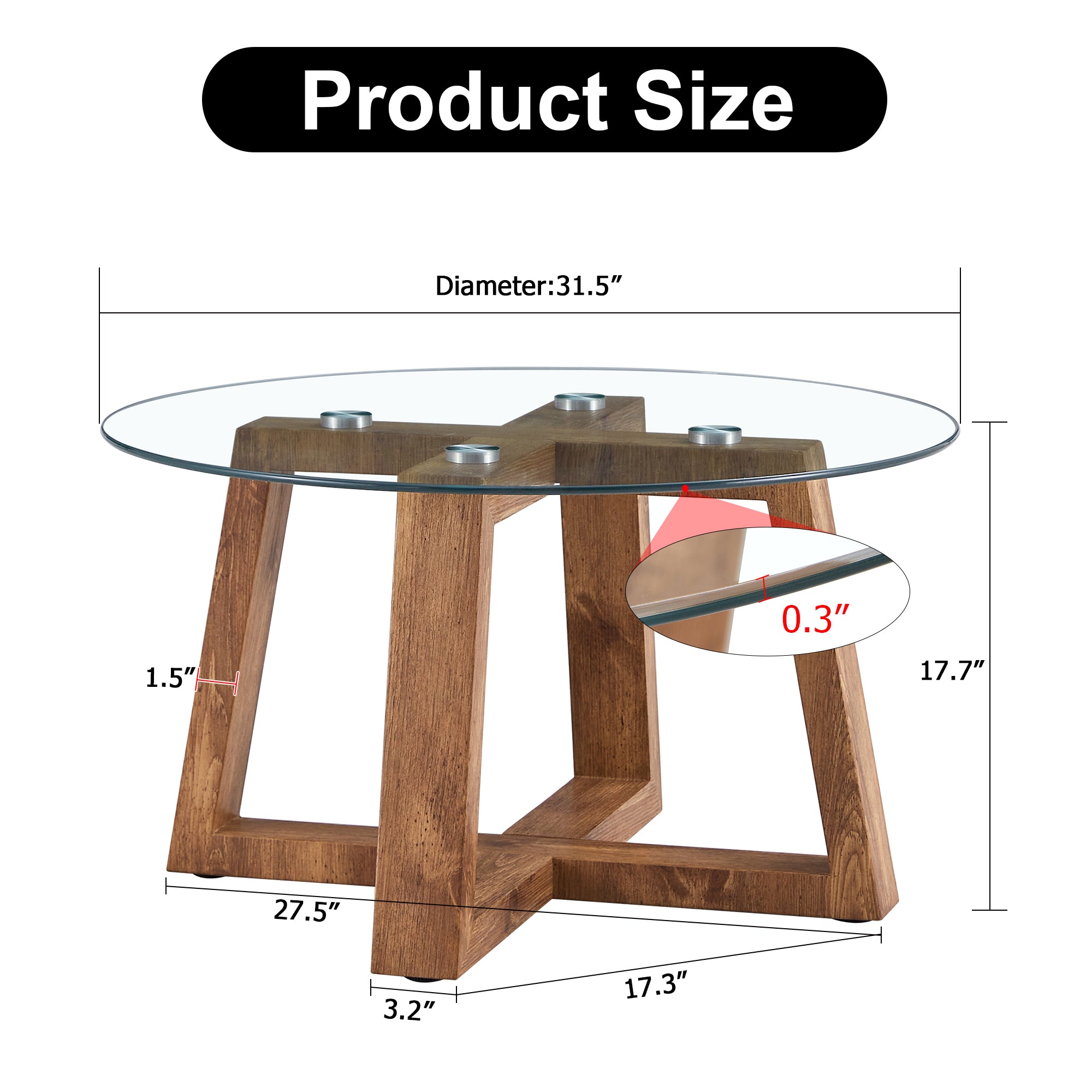 Royard Oaktree Round Coffee Table with Tempered Glass Top, Modern Glass Center Table with Wood Cross Base, Circular Accent Table Cocktail Table for Living Room Home Office