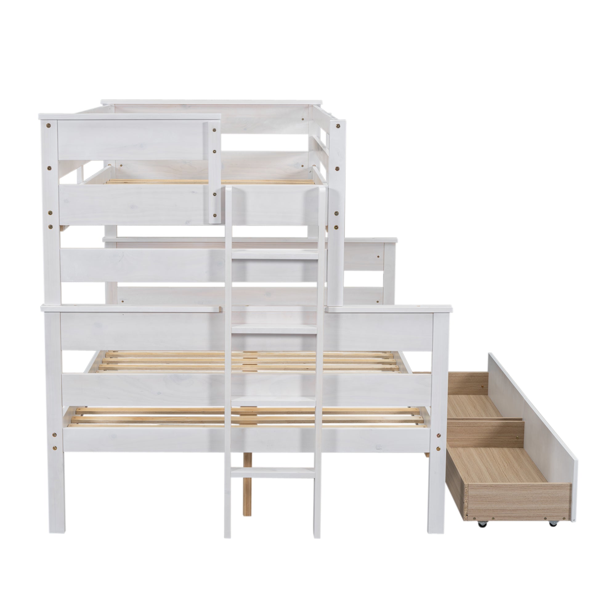 Royard Oaktree Wood Bunk Bed Frame with Guardrails and Ladder, Modern Bunk Bed with Headboard and Footboard, Bunk Beds for Teens Adult