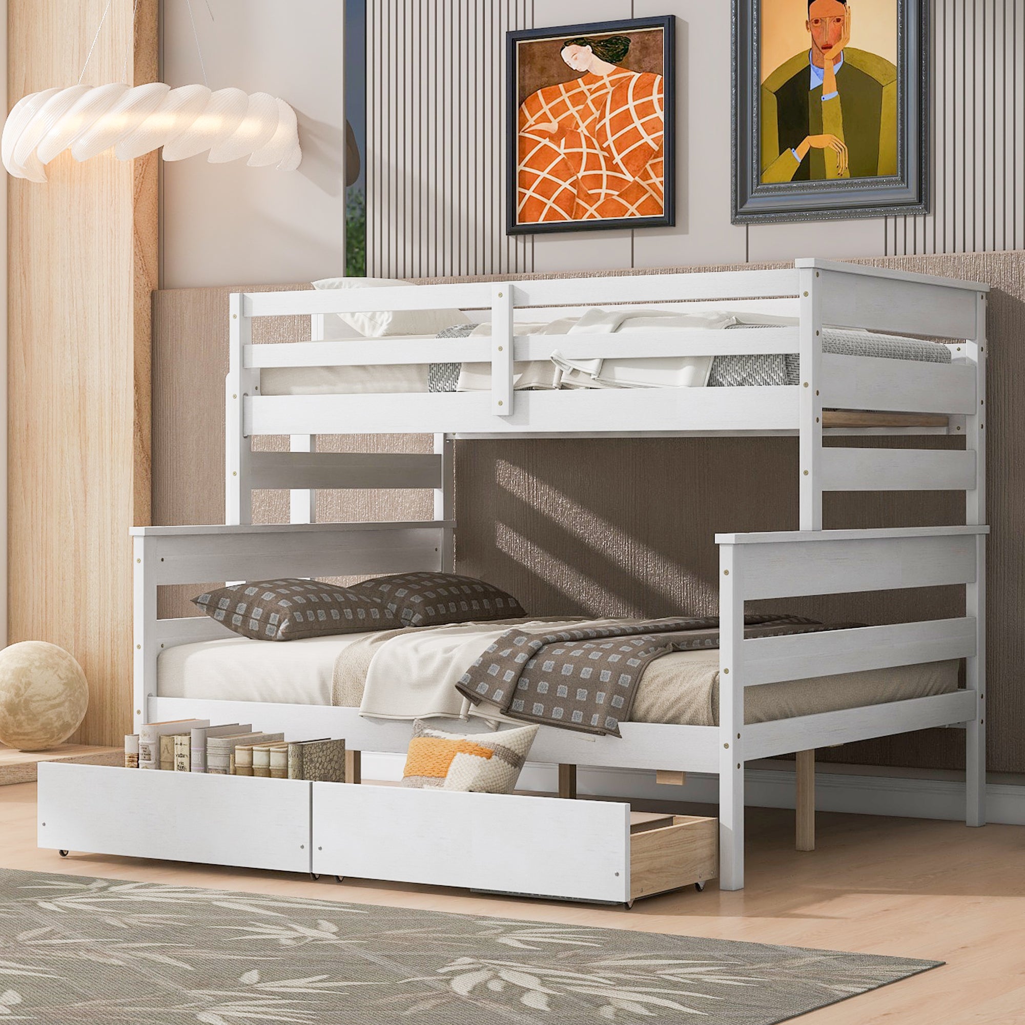 Royard Oaktree Wood Bunk Bed Frame with Guardrails and Ladder, Modern Bunk Bed with Headboard and Footboard, Bunk Beds for Teens Adult