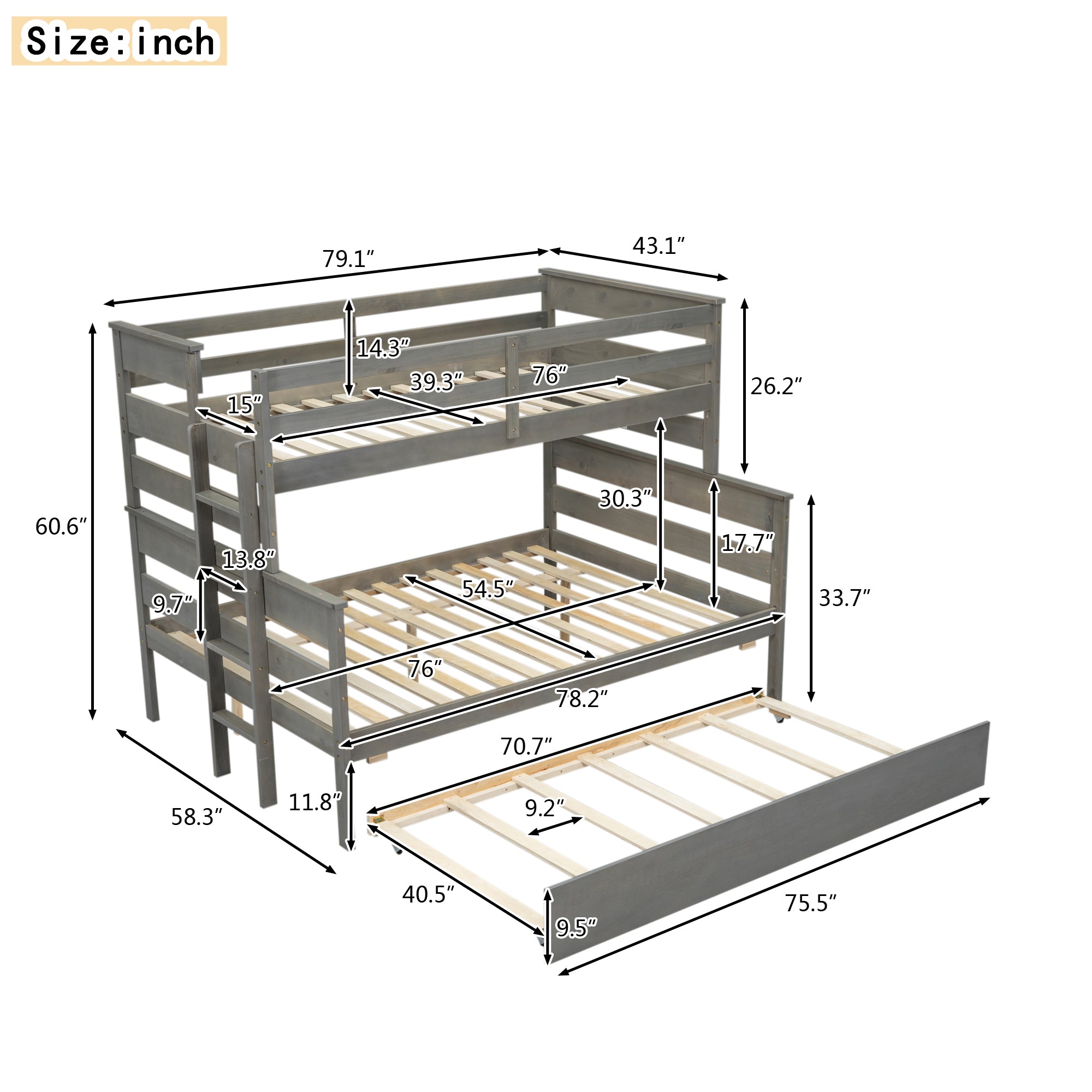 Royard Oaktree Wood Bunk Bed Frame with Guardrails and Ladder, Modern Bunk Bed with Headboard and Footboard, Bunk Beds for Teens Adult