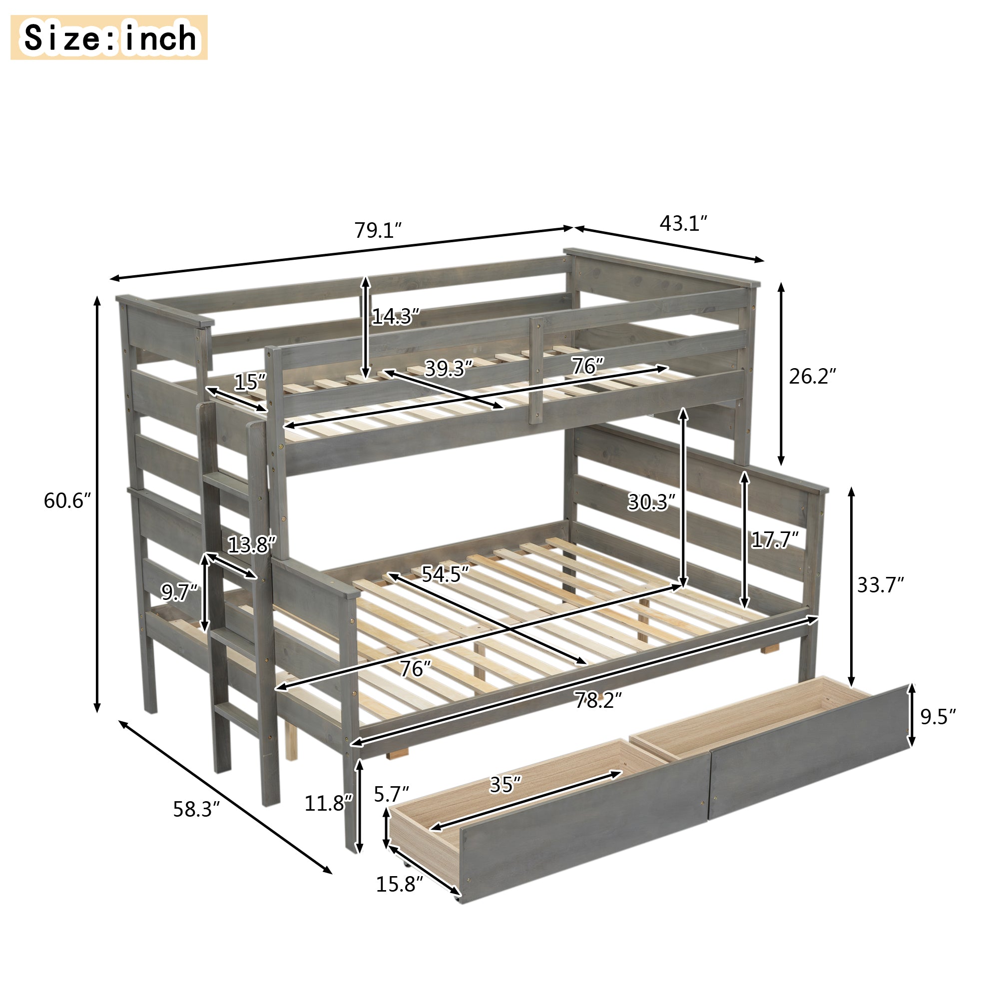 Royard Oaktree Wood Bunk Bed Frame with Guardrails and Ladder, Modern Bunk Bed with Headboard and Footboard, Bunk Beds for Teens Adult