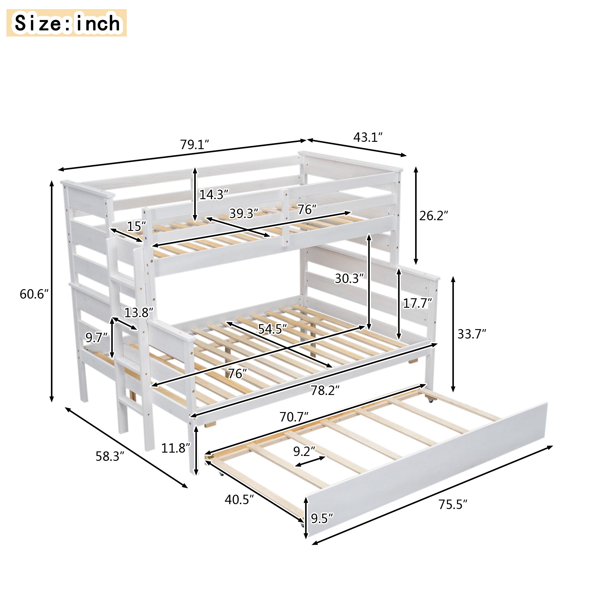 Royard Oaktree Wood Bunk Bed Frame with Guardrails and Ladder, Modern Bunk Bed with Headboard and Footboard, Bunk Beds for Teens Adult