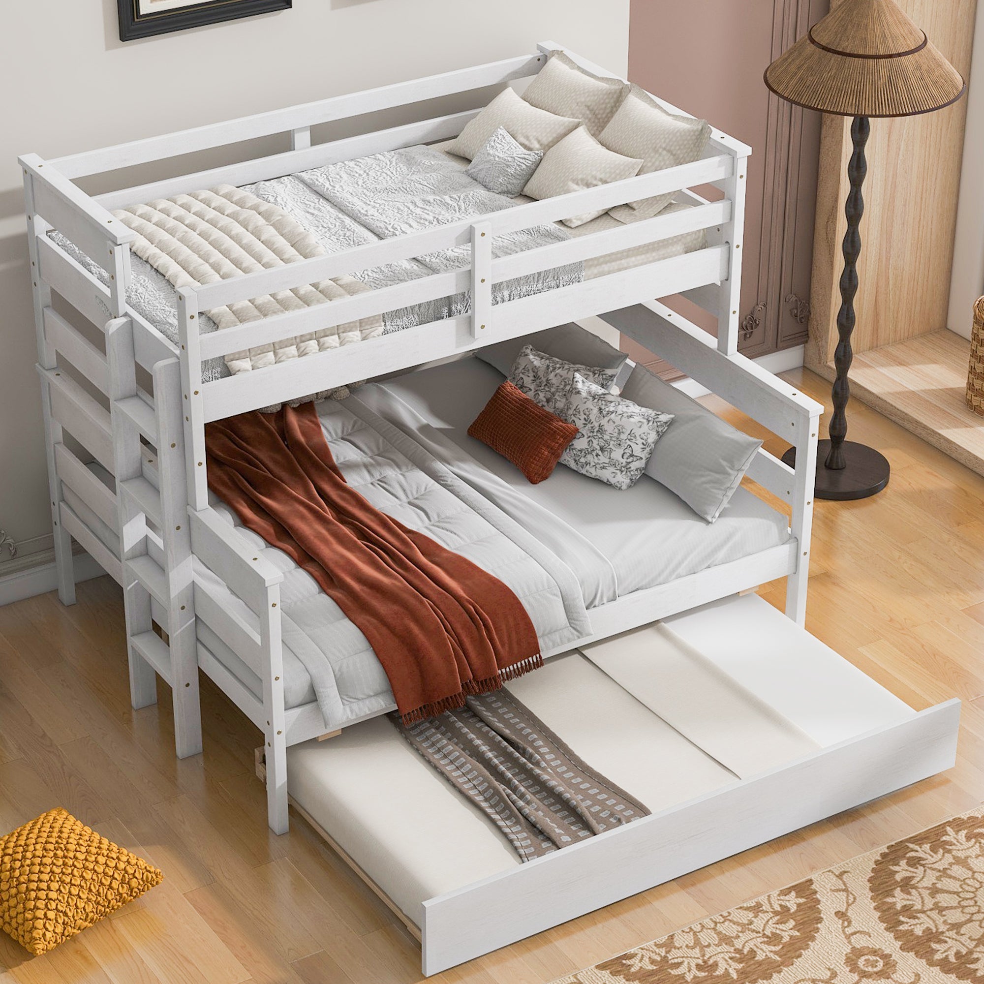 Royard Oaktree Wood Bunk Bed Frame with Guardrails and Ladder, Modern Bunk Bed with Headboard and Footboard, Bunk Beds for Teens Adult