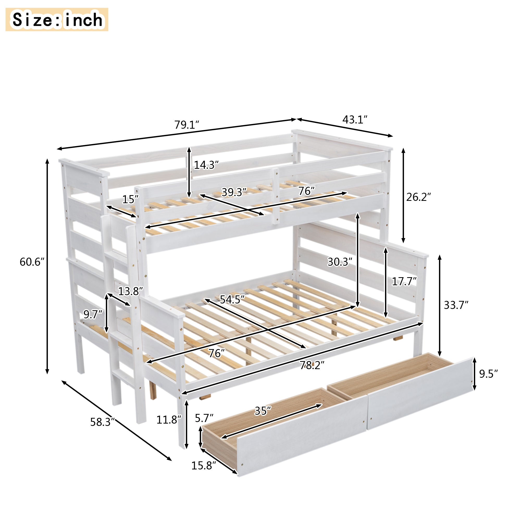 Royard Oaktree Wood Bunk Bed Frame with Guardrails and Ladder, Modern Bunk Bed with Headboard and Footboard, Bunk Beds for Teens Adult