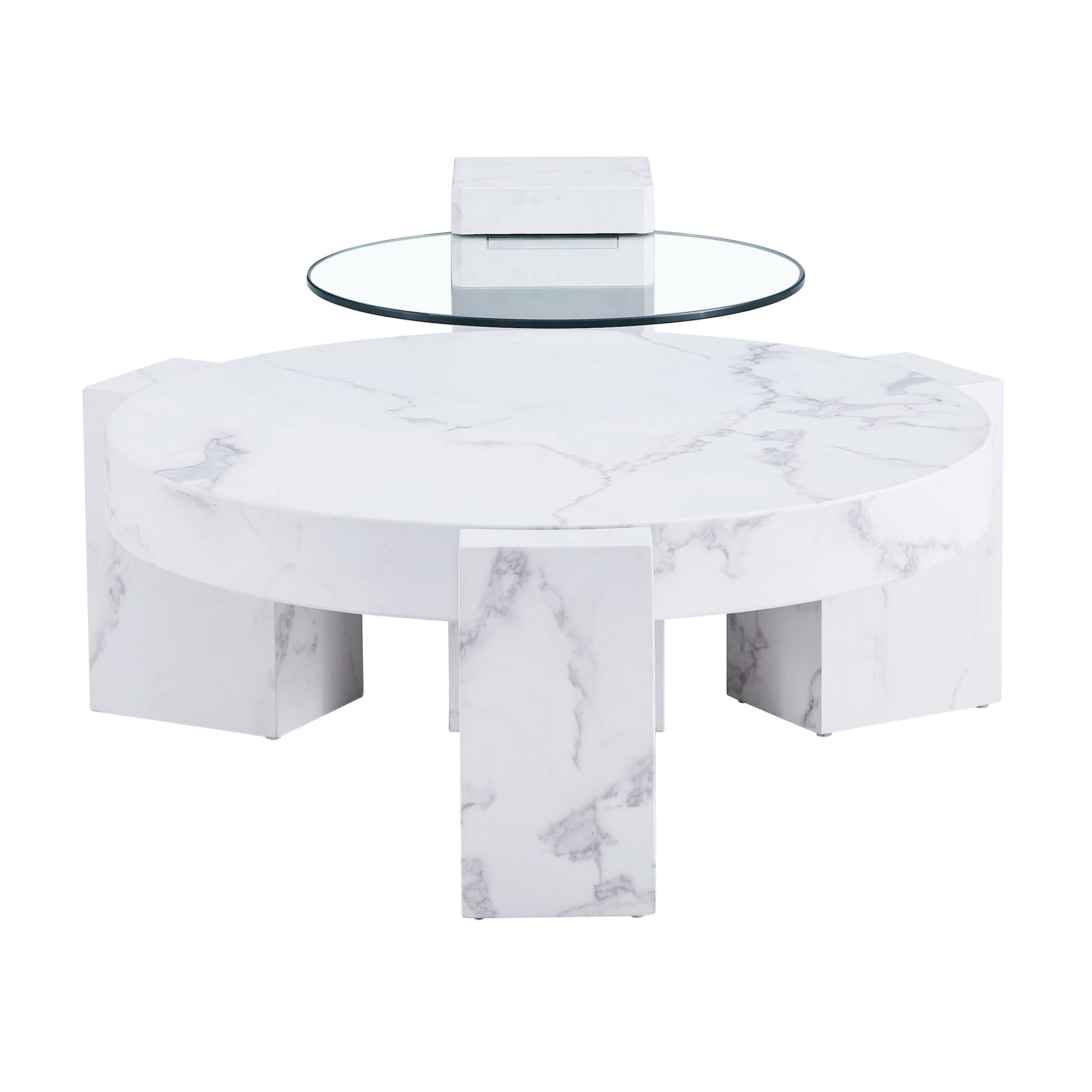 Royard Oaktree Round Nesting Coffee Tables Set of 2, Faux Marble Coffee Tables with Glass Top, Wood Center Table with Marble Pattern Sticker, Modern Accent Table for Living Room Home Office, White