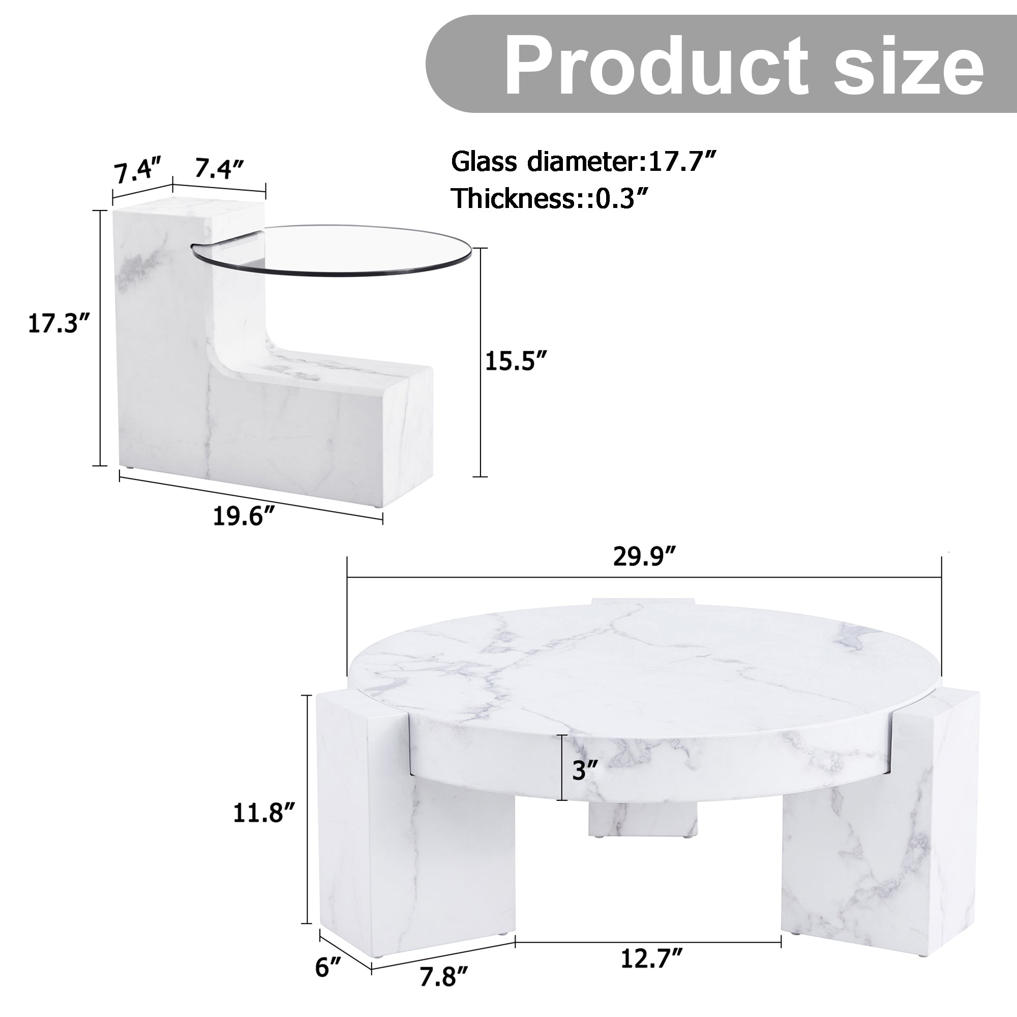 Royard Oaktree Round Nesting Coffee Tables Set of 2, Faux Marble Coffee Tables with Glass Top, Wood Center Table with Marble Pattern Sticker, Modern Accent Table for Living Room Home Office, White