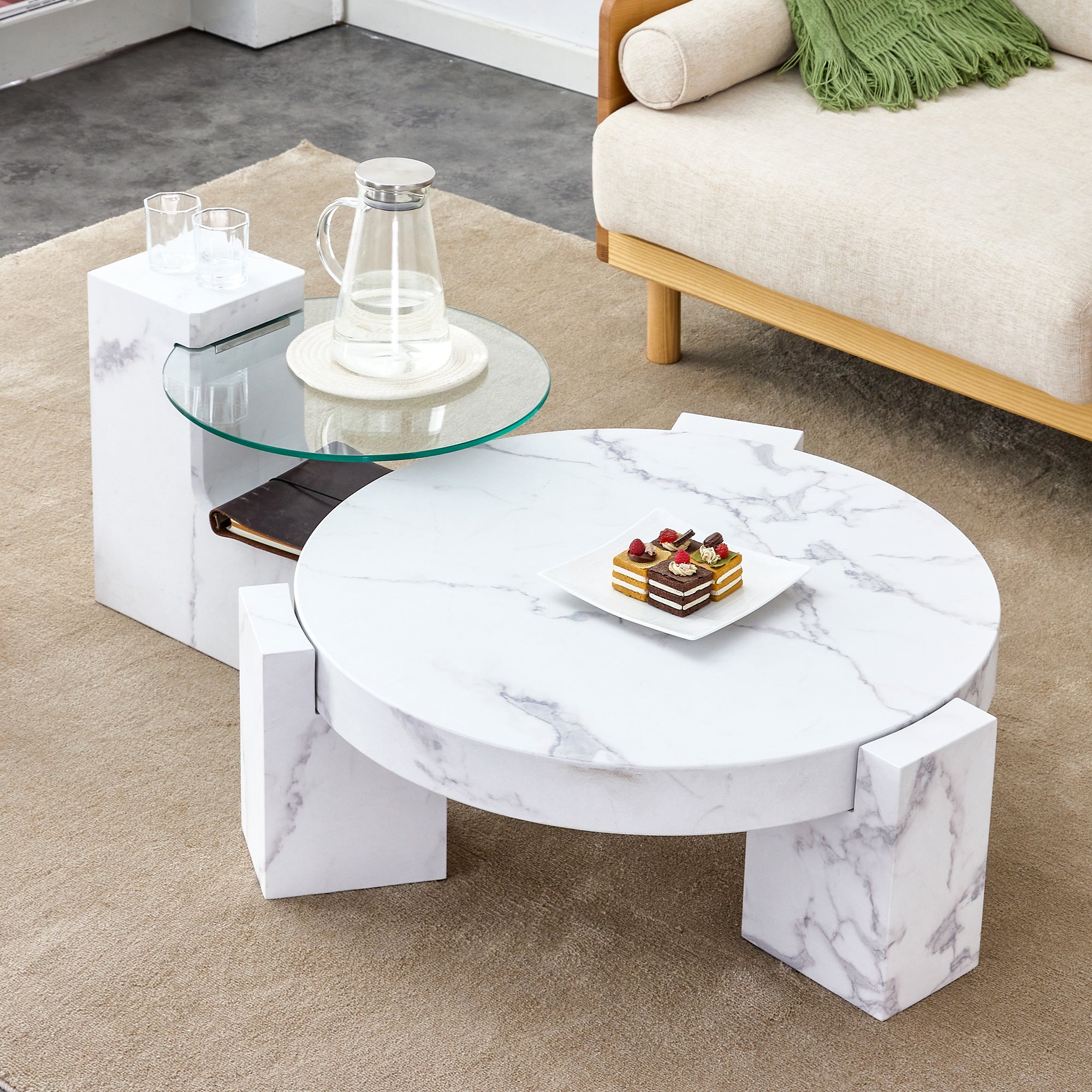 Royard Oaktree Round Nesting Coffee Tables Set of 2, Faux Marble Coffee Tables with Glass Top, Wood Center Table with Marble Pattern Sticker, Modern Accent Table for Living Room Home Office, White