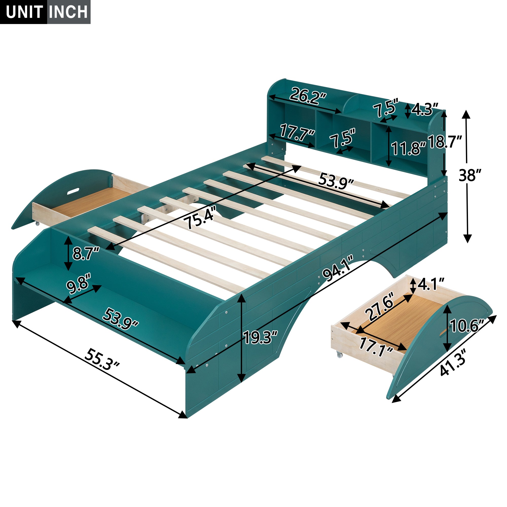 Royard Oaktree Platform Bed with 2 Drawers and Open Shelves, Multifunctional Bed Frame with Storage Headboard and Footboard Bench, Wood Storage Platform Bed with Slats Support