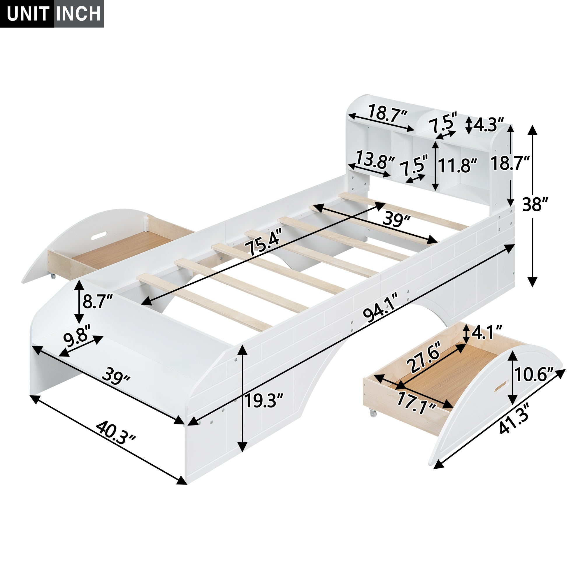 Royard Oaktree Platform Bed with 2 Drawers and Open Shelves, Multifunctional Bed Frame with Storage Headboard and Footboard Bench, Wood Storage Platform Bed with Slats Support