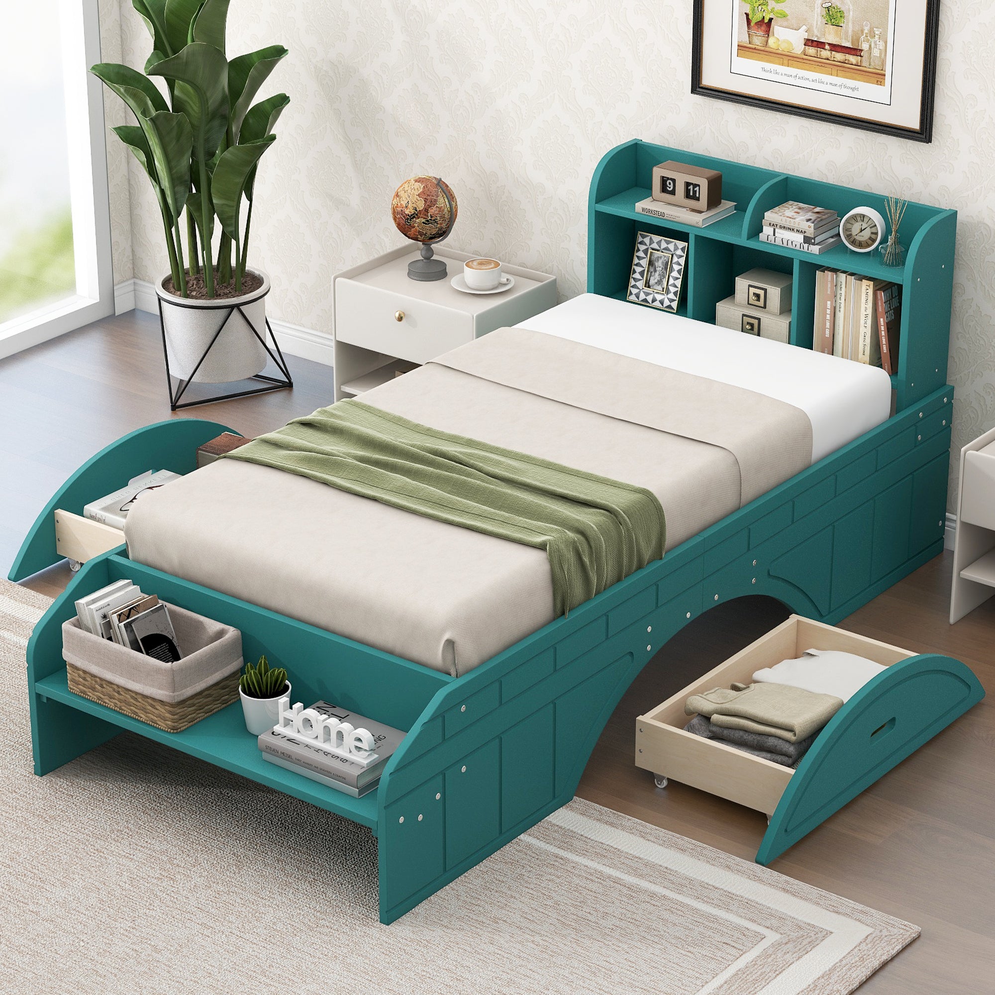 Royard Oaktree Platform Bed with 2 Drawers and Open Shelves, Multifunctional Bed Frame with Storage Headboard and Footboard Bench, Wood Storage Platform Bed with Slats Support